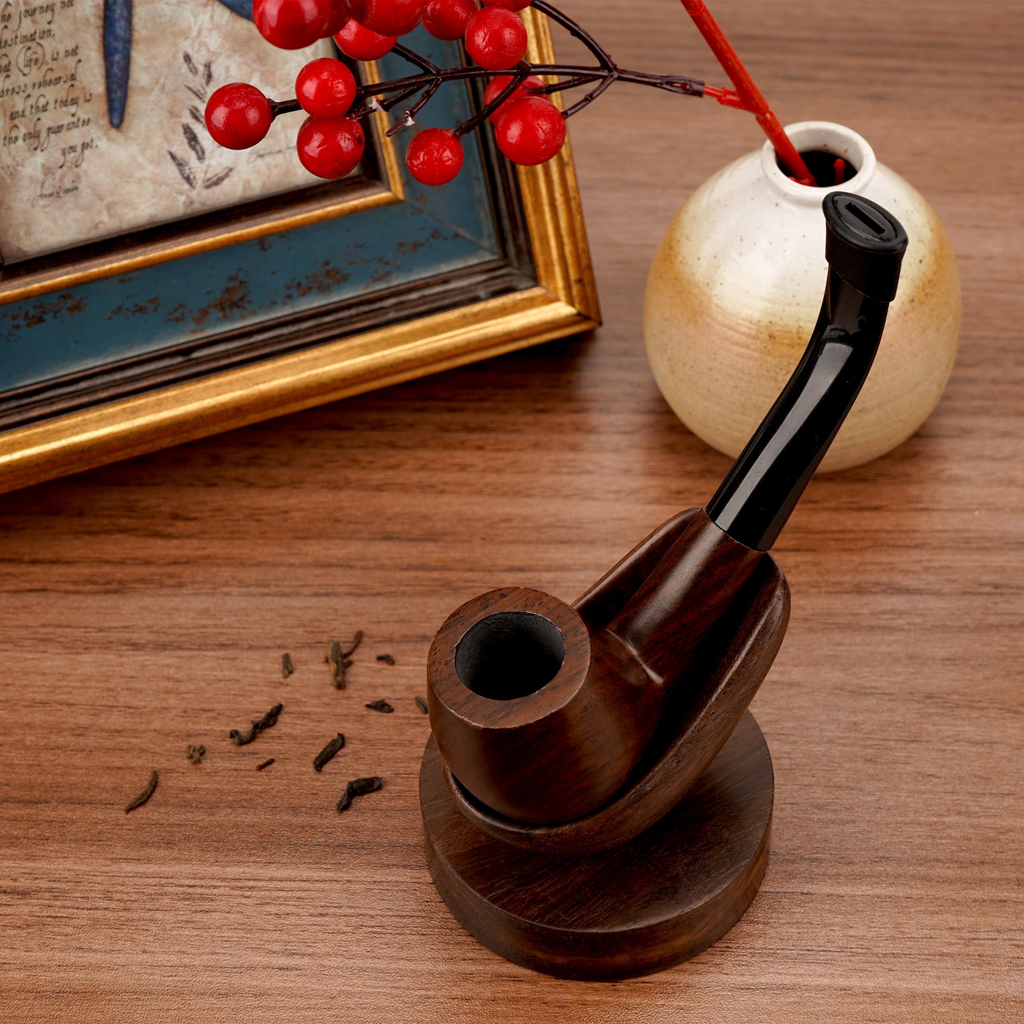 Linkidea Ebony Wood Smoking Pipe Stand, Portable Tobacco Pipe Holder Rack for Men, Wooden Rest Compatible with Most Pipes, Classic Smoking Accessories