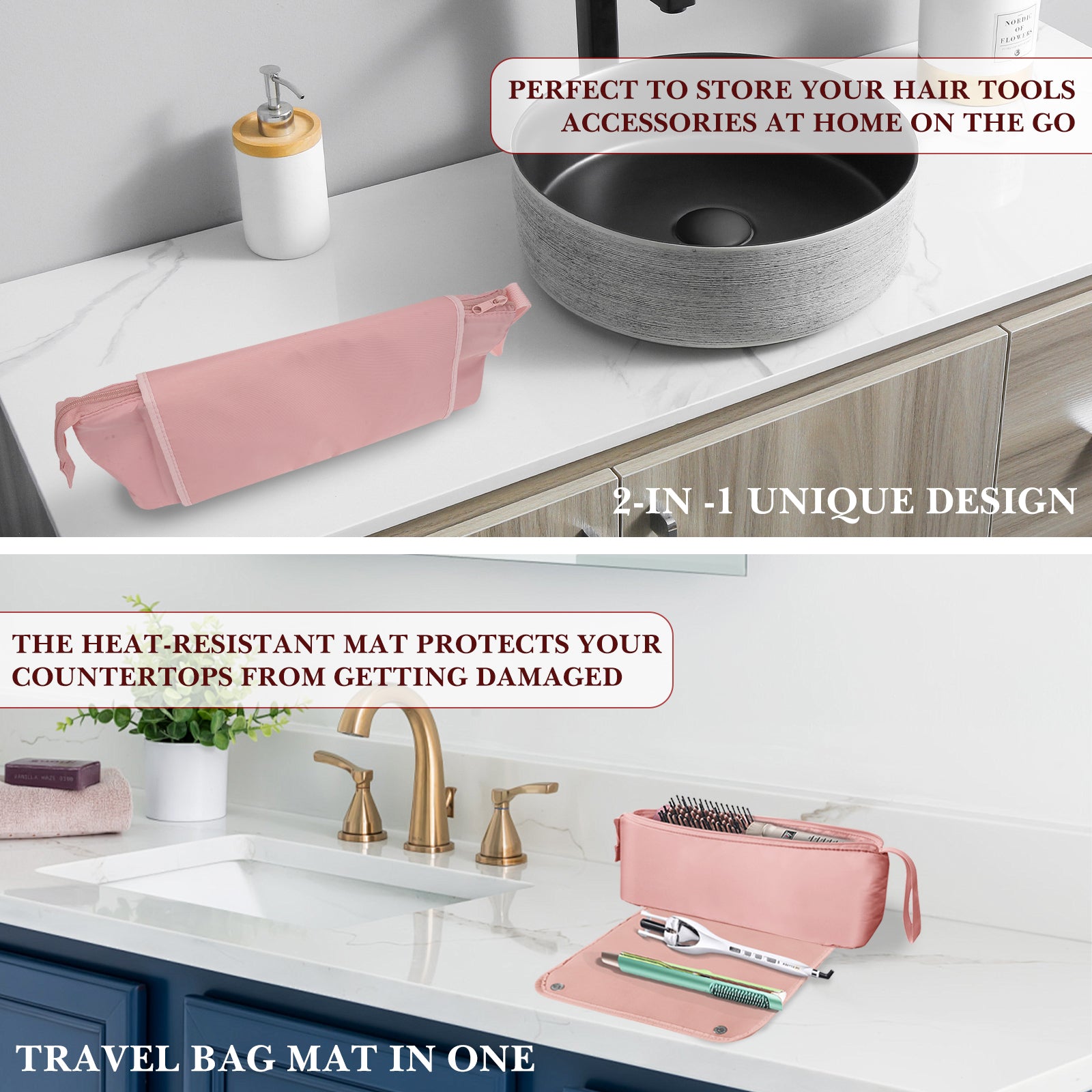 Linkidea Travel Bag and Heat Resistant Mat, Portable Travel Essentials Travel Organizer for Women, Hair Tools Storage Bag Gift for People Who Travel a Lot (Pink)