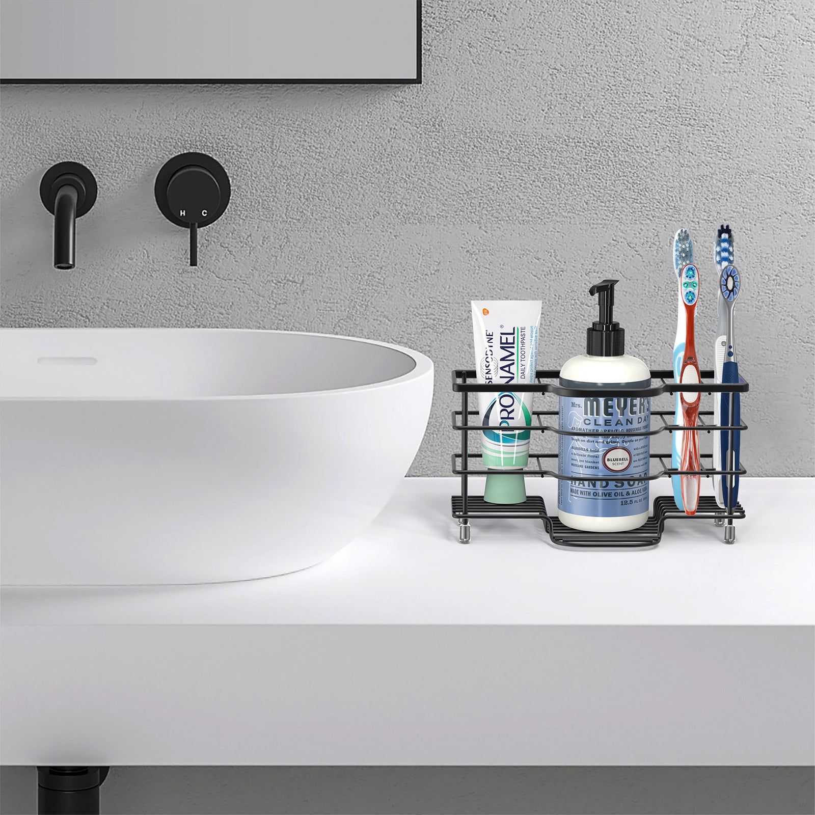 Linkidea Electric Toothbrush Holder, Stainless Steel Bathroom Storage Organizer Stand Rack, Ventilated Countertop 6 Slots for Toothpaste, Cleanser, Comb, Razor (Black)