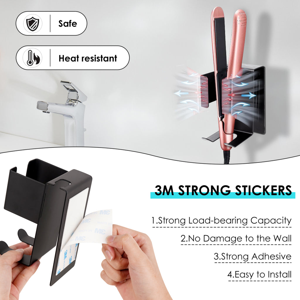 Linkidea Wall Mount Curling Iron Holder, Stainless Steel Hair Straightener Storage, Adhesive Hair Dryer Rack, Bathroom Organizer for Flat Iron, Curling Wand (Black)