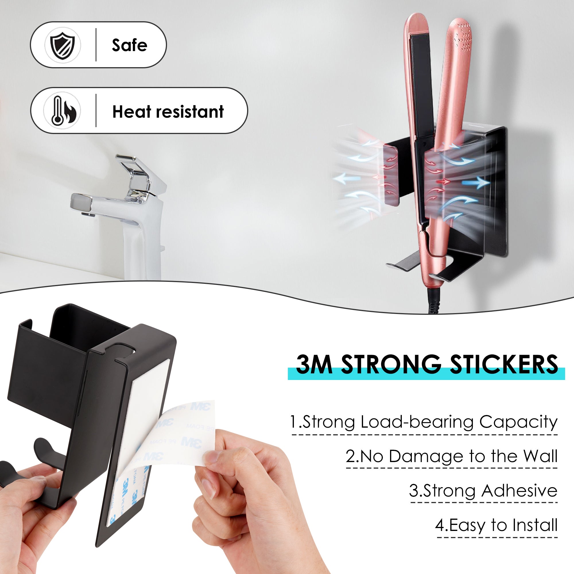 Linkidea Wall Mount Curling Iron Holder, Stainless Steel Hair Straightener Storage, Adhesive Hair Dryer Rack, Bathroom Organizer for Flat Iron, Curling Wand (Black)