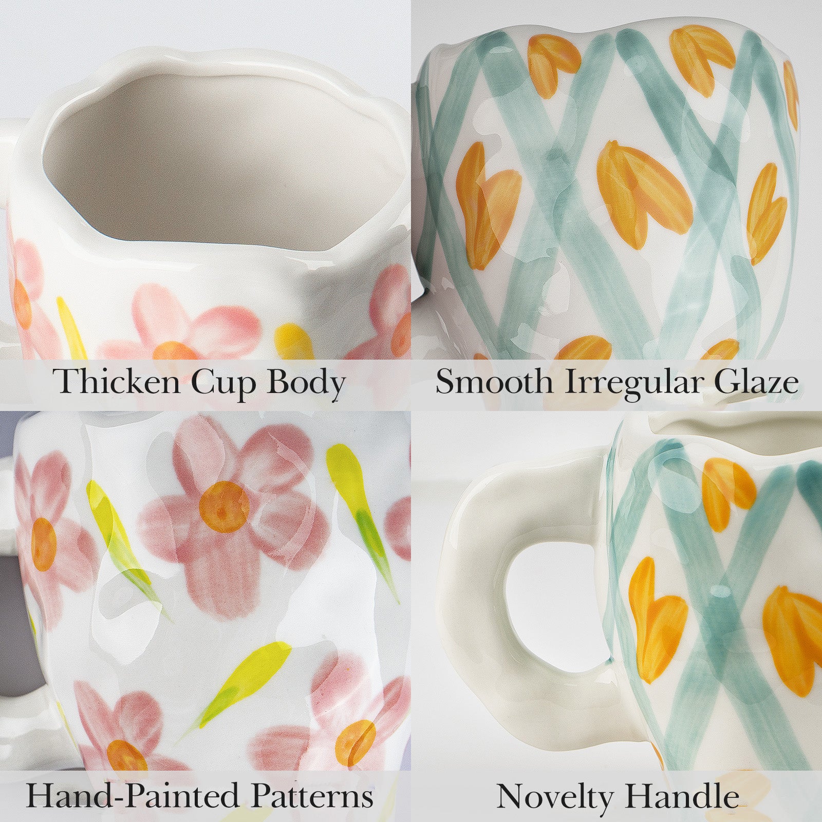 Linkidea Ceramic Coffee Mug, 12oz/350ml Hand-Painted Irregular Coffee Cup, Novelty Teacups with Handles for Beer, Latte, Hot Cocoa, Microwave and Dishwasher Safe (Green Heart Stripes)