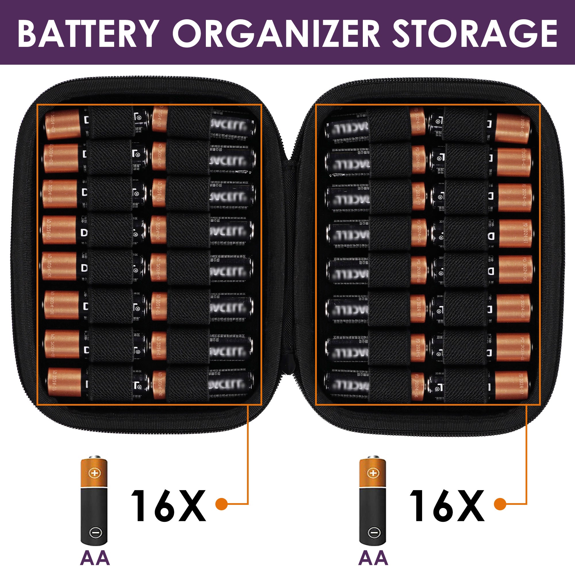Linkidea Small Hard Case Battery Organizer Storage Box, Portable Holder and Carrying Container for 32 AA AAA Cells, Compact Travel Storage Case (Purple)