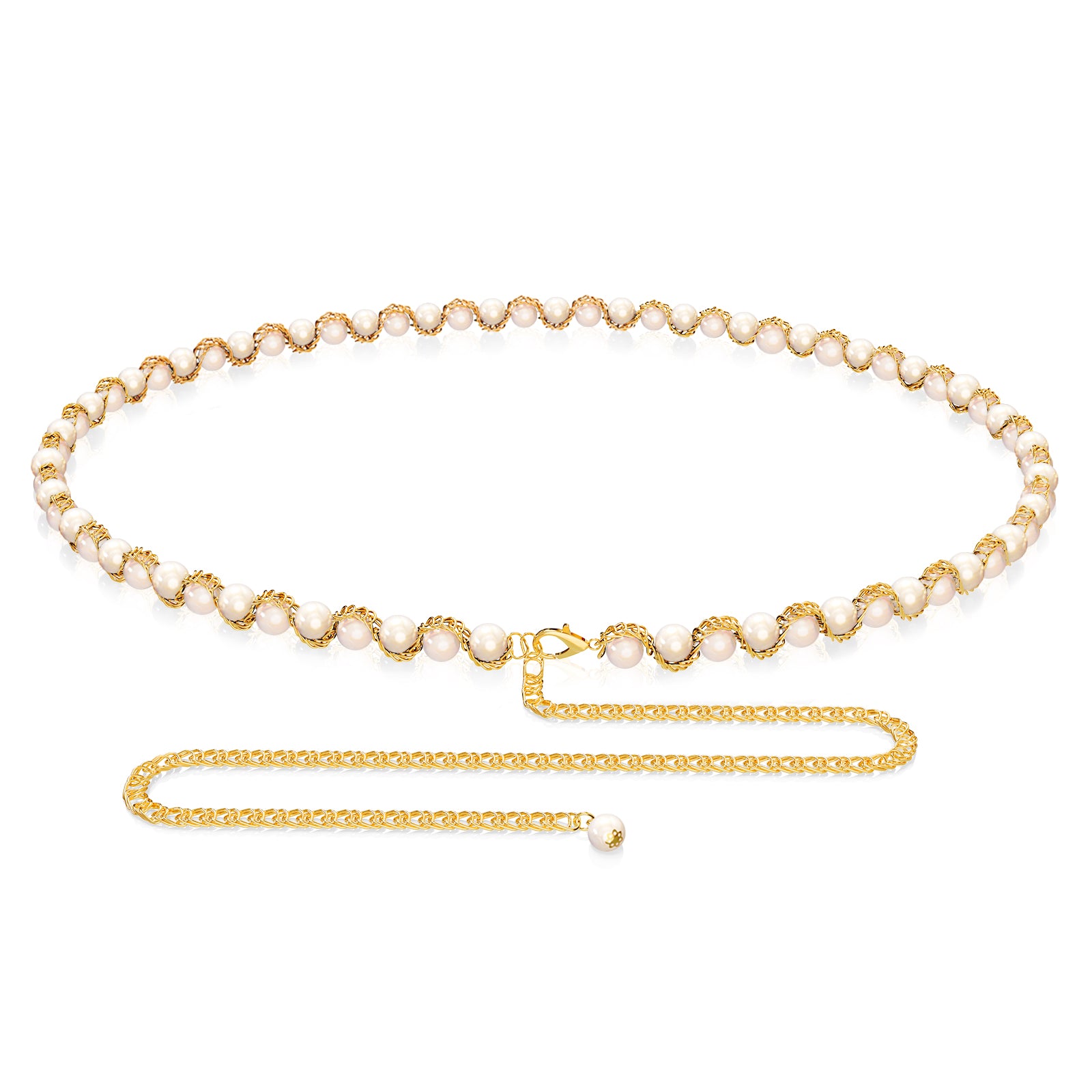 Plus Size Chain Belt for Women, Gold Color and White Faux Pearl Waist Chains, Extra Long Body Chain, 31-51 Inch Adjustable Chunky Belt Chain