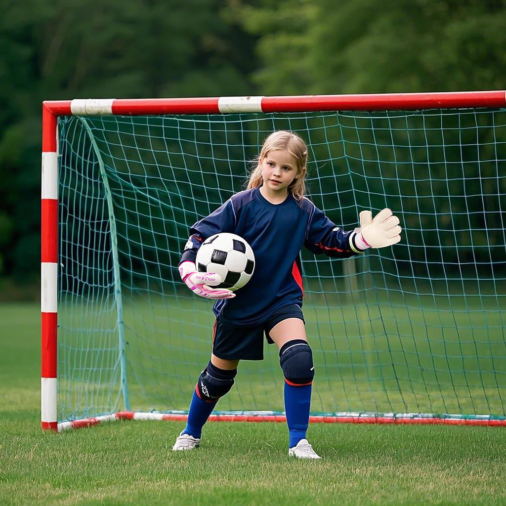 Linkidea Youth Soccer Goalie Gloves, Size 7 Goalkeeper Gloves with Anti-Slip Latex Palms Fits Kids Youth, Finger Saves Soccer Goalkeeper Gloves for Game or Training (Pink)