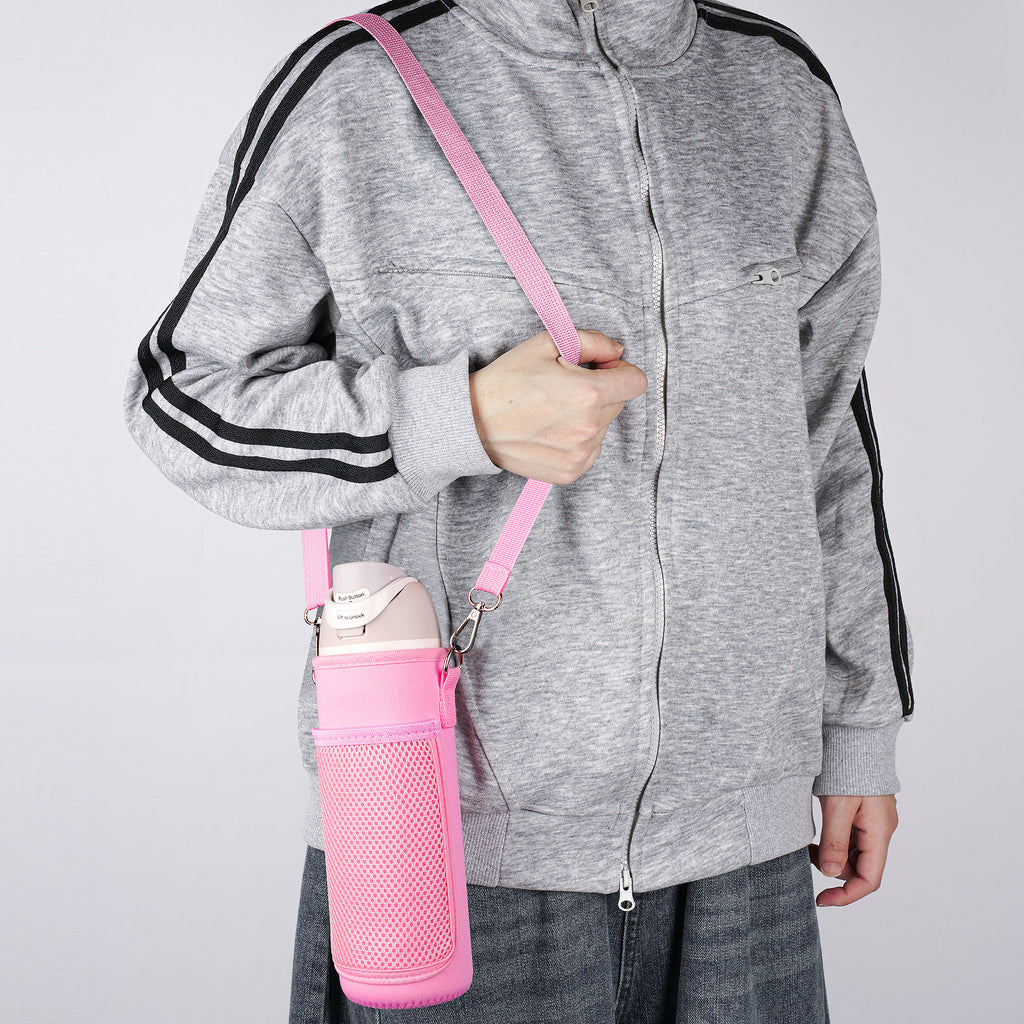 Linkidea Water Bottle Carrier with Shoulder Strap Compatible with Owala FreeSip Bottle 24oz, Waterbottle Sling Bag Holder with Mesh Phone Pocket, Pink