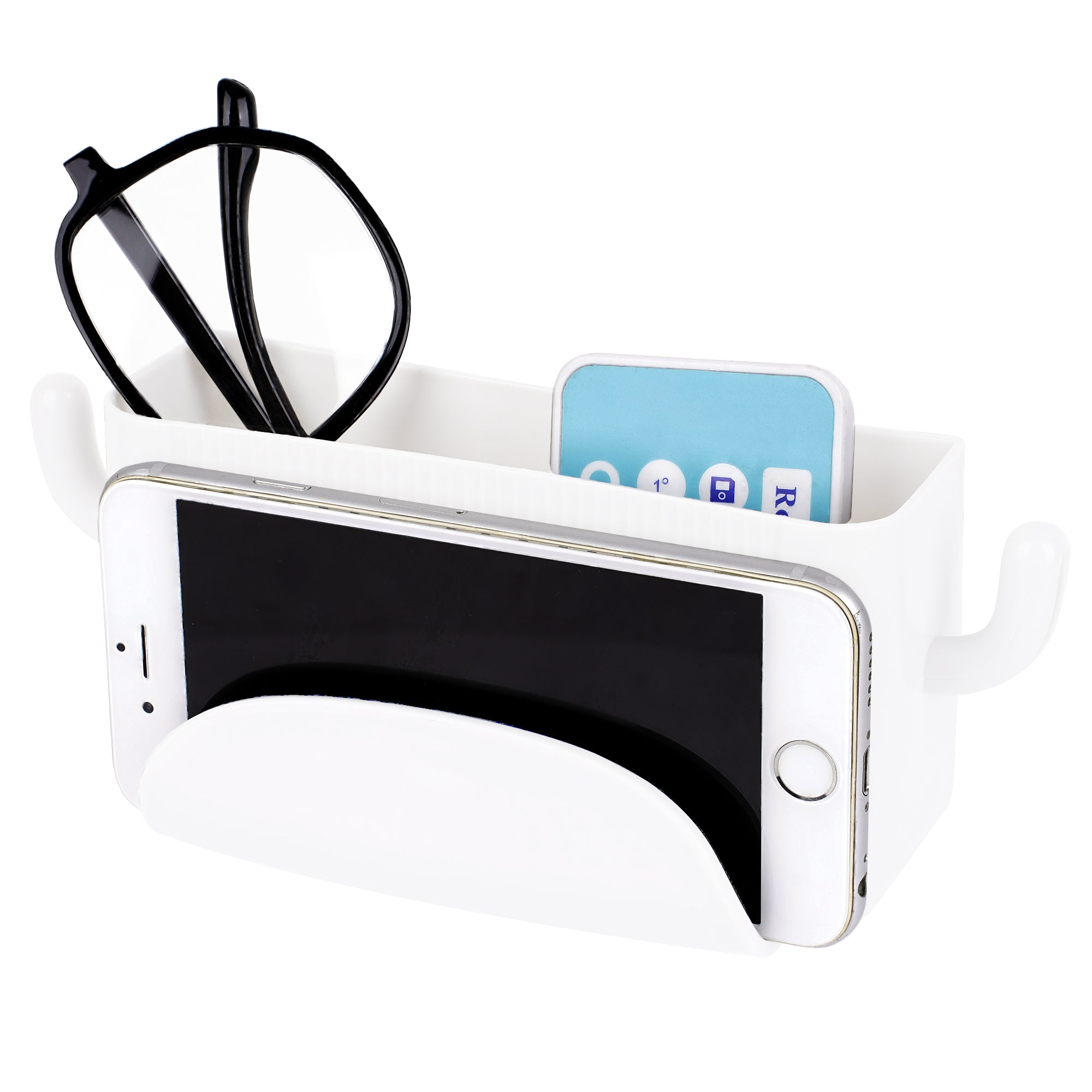 Linkidea Self-Adhesive Wall-Mounted Remote Control Holder with Phone Slot and Side Hooks, No-Drill Plastic Organizer for Small Items (White)