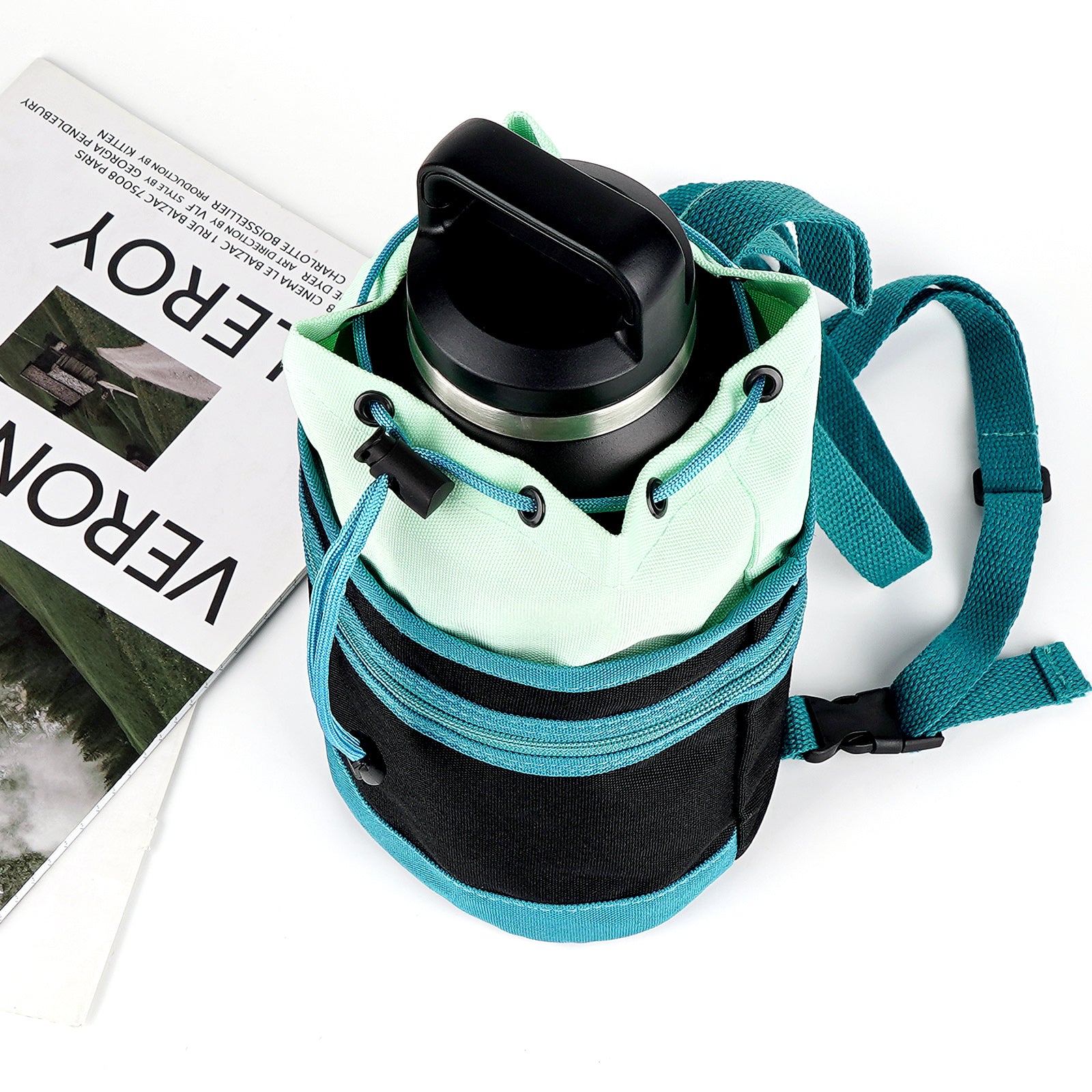 Linkidea Half Gallon Water Bottle Carrier with Strap Compatible with 64oz YETI Rambler Bottle, Hydro Flask, Waterbottle Sling Bag Holder, Shoulder Strap with Phone Pocket, Black & Blue