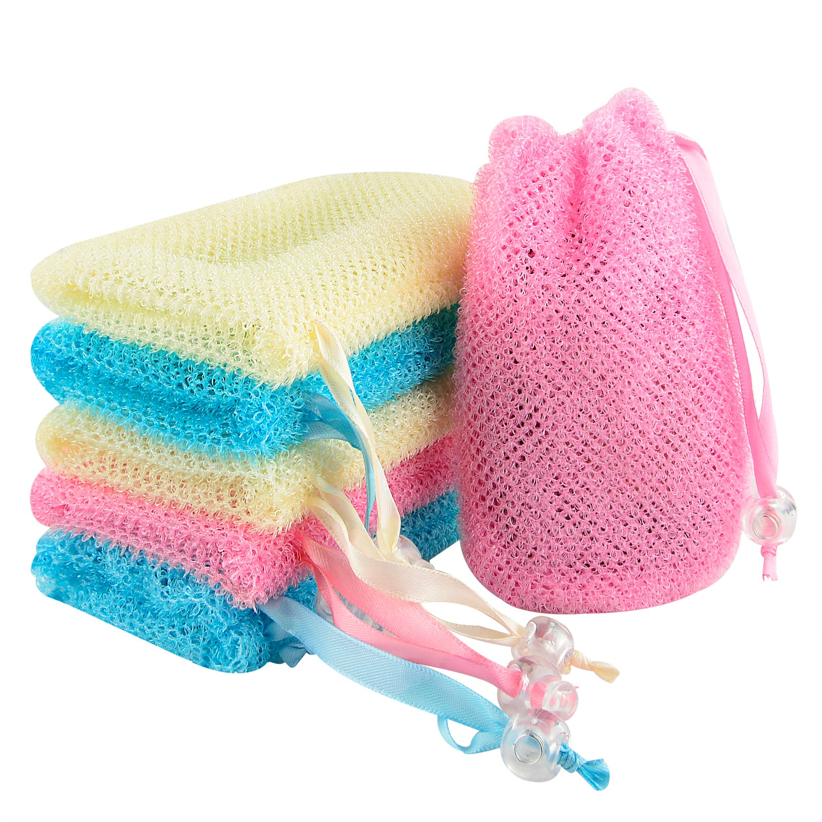 Linkidea 6 Pack Exfoliating Mesh Soap Bag Saver Set, Wholesale Nylon Bar Pouch with Drawstring, Body Scrubber Pocket Holder for Bath Shower