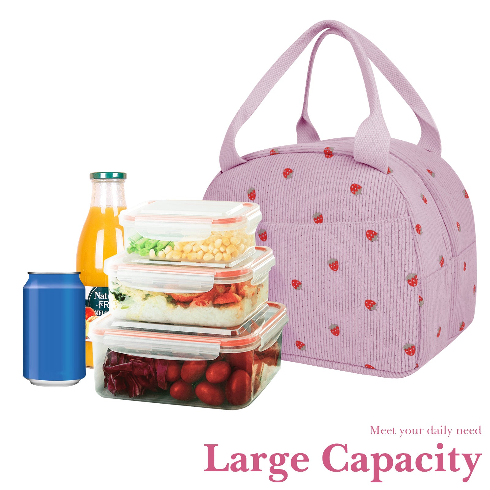 Linkidea Lunch Box for Adult, Corduroy Lunch Bag with Hand Strap, Large Capacity Lunch Bag for Everyday Outings, Compatible with Crock Pot, DUPASU, Aotto, LUNCHEAZE (Purple)