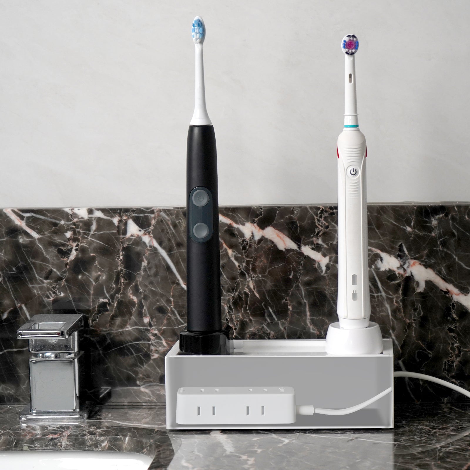 Linkidea Bathroom Electric Toothbrush Cable Box, Vanity Hide Cord Organizer, Charger and Power Strip Storage Case, Keep Countertop & Outlet Clean (White)