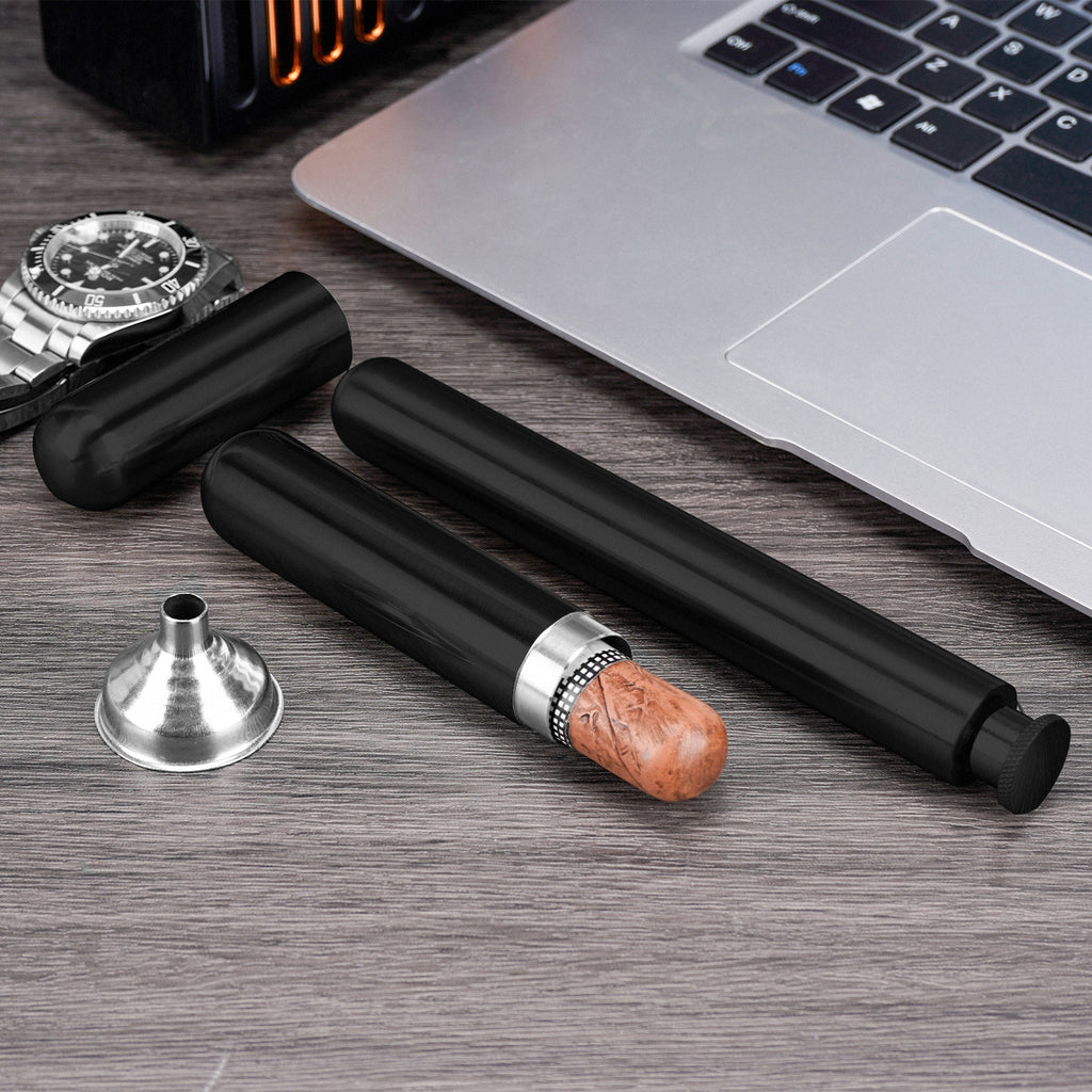 Linkidea Stainless Steel Hip Flask with Cigar Holder and Funnel, Portable Travel Flask for Cigars & Alcohol Storage (Black 2 Oz Capacity)