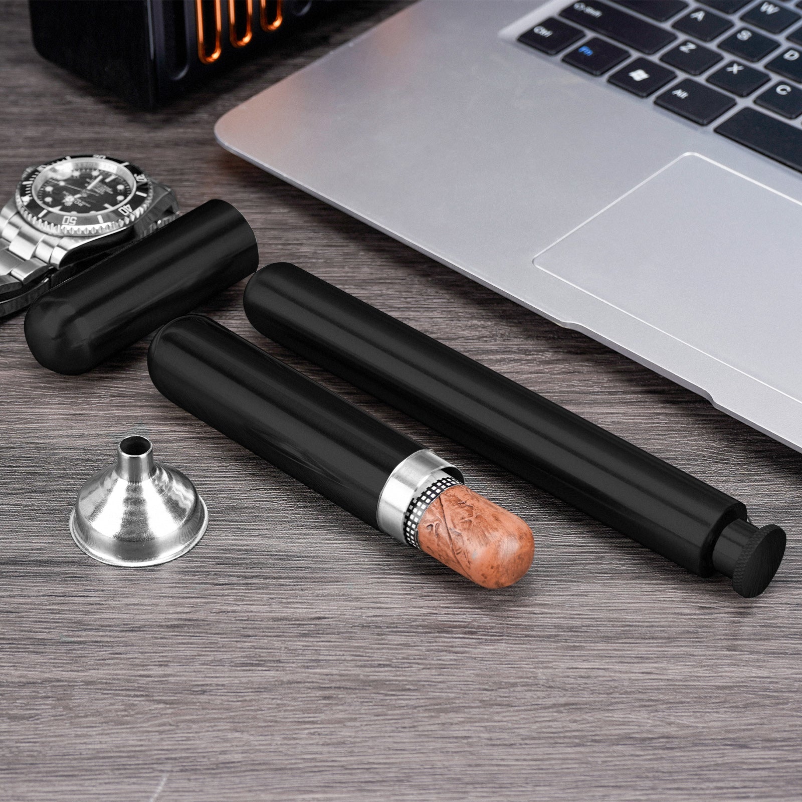 Linkidea Stainless Steel Hip Flask with Cigar Holder and Funnel, Portable Travel Flask for Cigars & Alcohol Storage (Black 2 Oz Capacity)