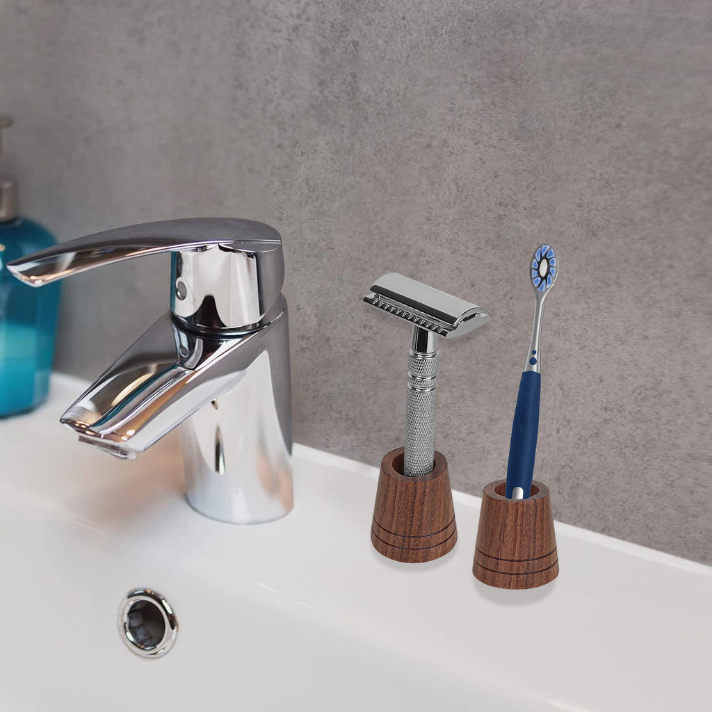 Linkidea 2 Pack Toothbrush & Razor Stand, Shaving Holder for Bathroom Counter, Compatible with Gillette Vector 3, Harry's 5 Blade (Brown)