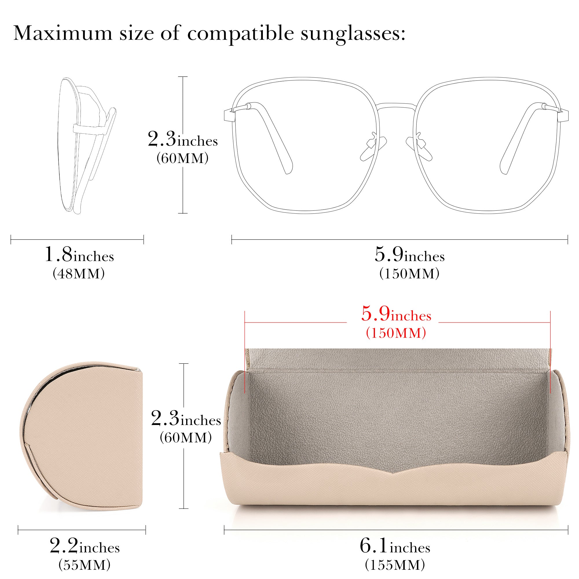 Extra Large Hard Shell Sunglasses Case, Vegan Leather Sun Glasses Storage Organizer Compatible with Rayban RBS0101S/RB8097/RB8089 (XL / Beige)