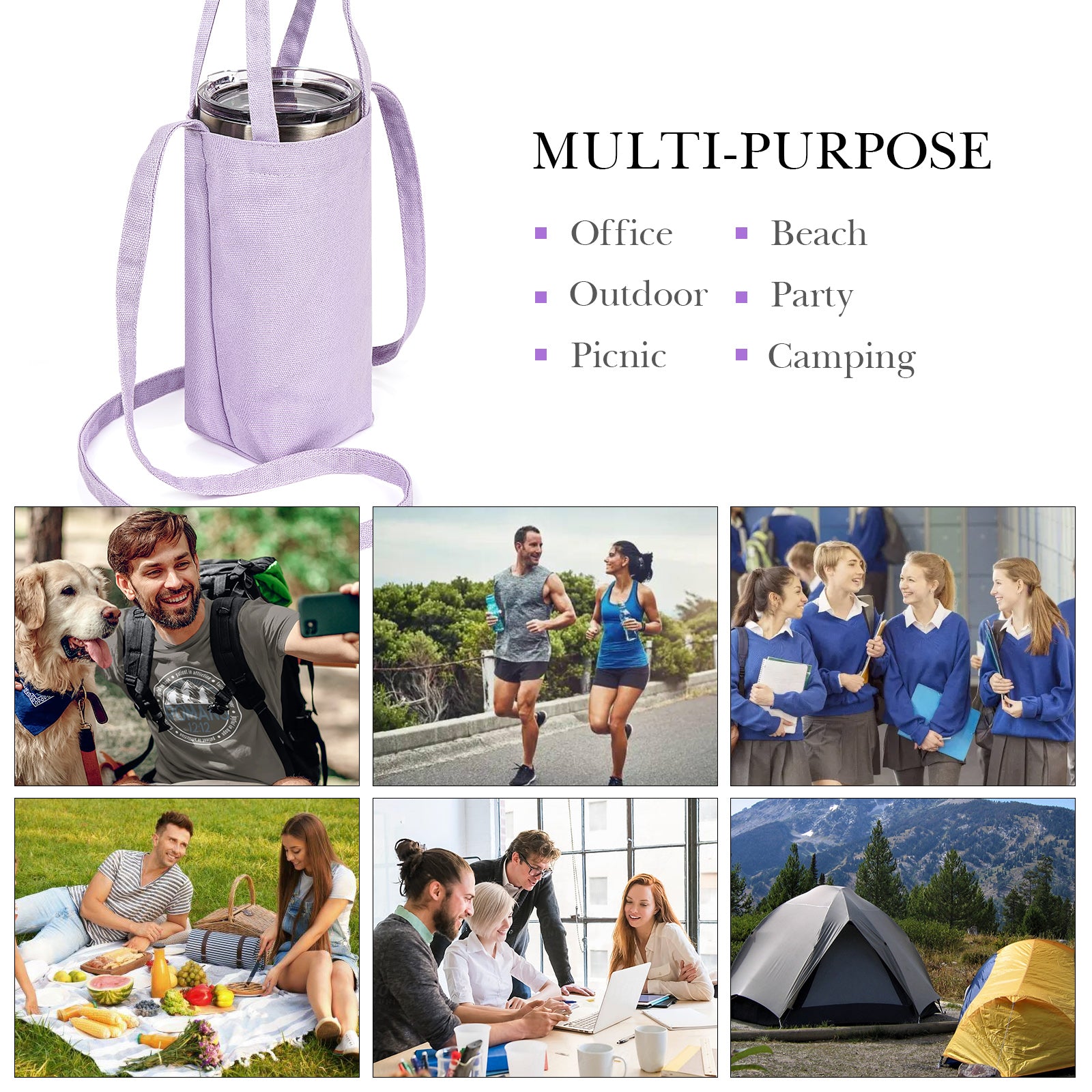 Linkidea Tumbler Carrier with Strap Compatible with YETI Rambler Tumbler 30oz, IRON °FLASK Classic Tumbler 2.0 20oz/24oz/32oz, Waterbottle Sling Bag Holder Shoulder Strap, Light Purple