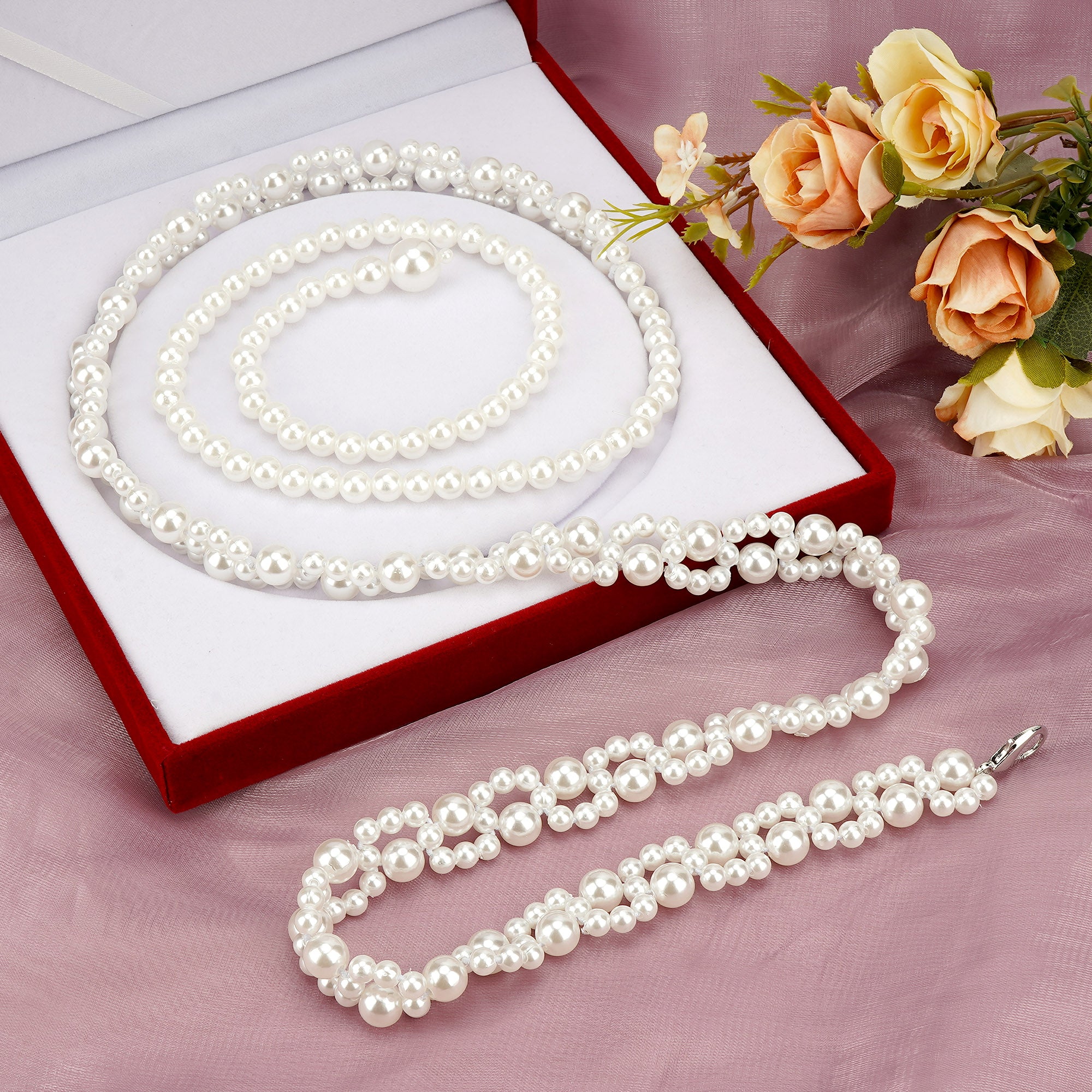 Plus Size Chain Belt for Women, White Pearl Stretchable Extra Long Body Chain, 51 Inch Max Flexible Adjustment Fashion Jewelry Accessory