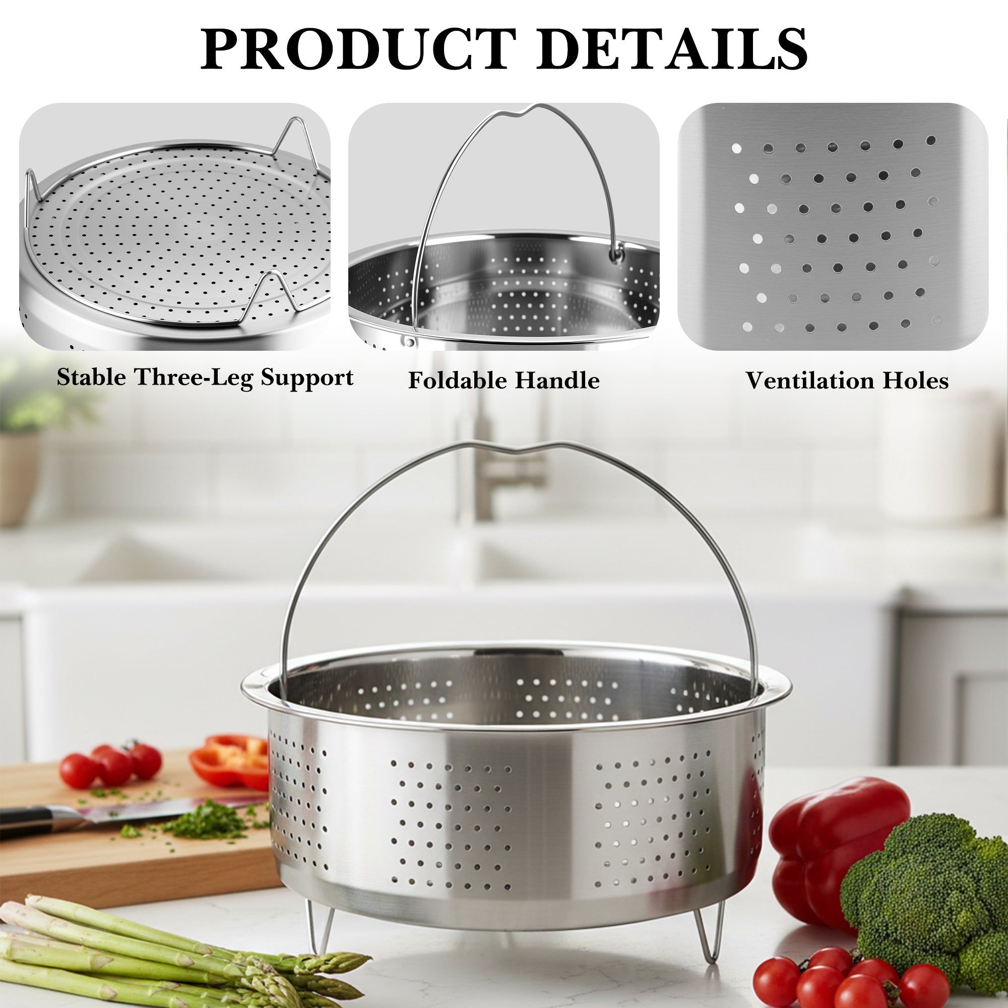 Linkidea 304 Stainless Steel Steamer Basket with Handle and Legs, Multi-Purpose Steaming Rack for Rice Cookers Pots, Compatible with Tiger JBV-A10U, Zojirushi NS-WAC10, Aroma ARC-6106