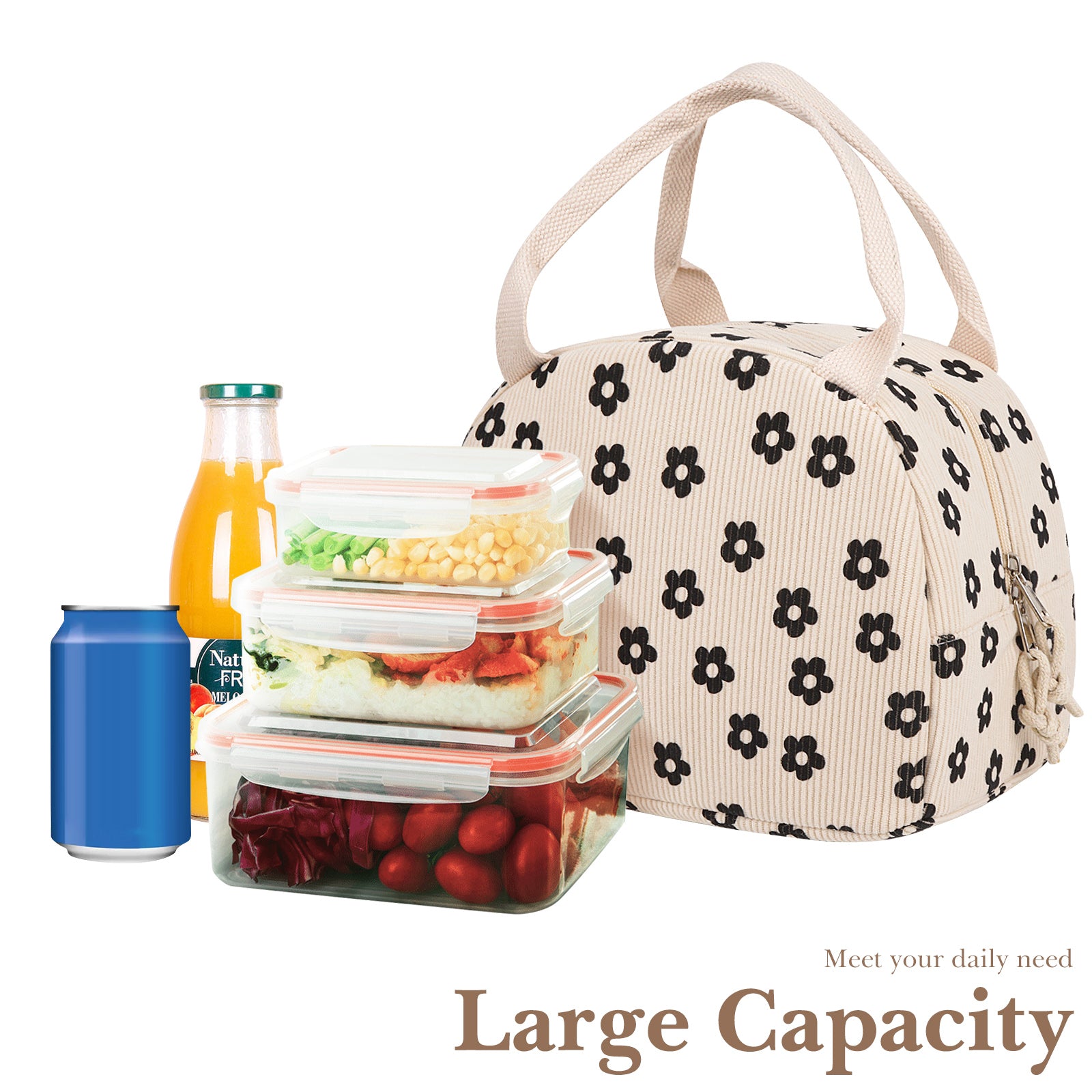 Linkidea Lunch Box for Adult, Corduroy Lunch Bag with Hand Strap, Large Capacity Lunch Bag for Everyday Outings, Compatible with Crock Pot, DUPASU, Aotto, LUNCHEAZE (Black+White)