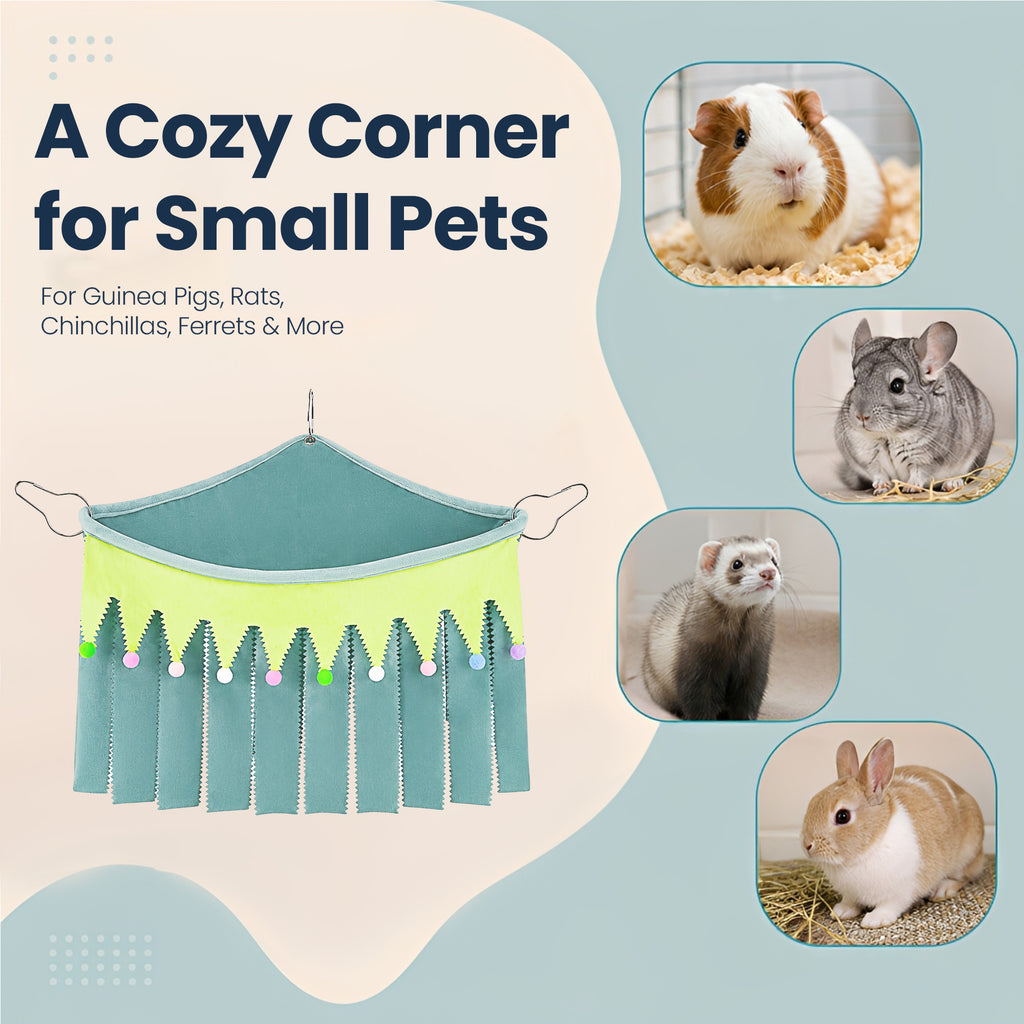 Corner Fleece Hideout Hammock for Small Animals, Cozy Hanging Cage Bed with Tassel Curtain, Soft Habitat Shelter with 3 Metal Hooks for Guinea Pigs, Rabbits, Rats, Ferrets, Chinchillas