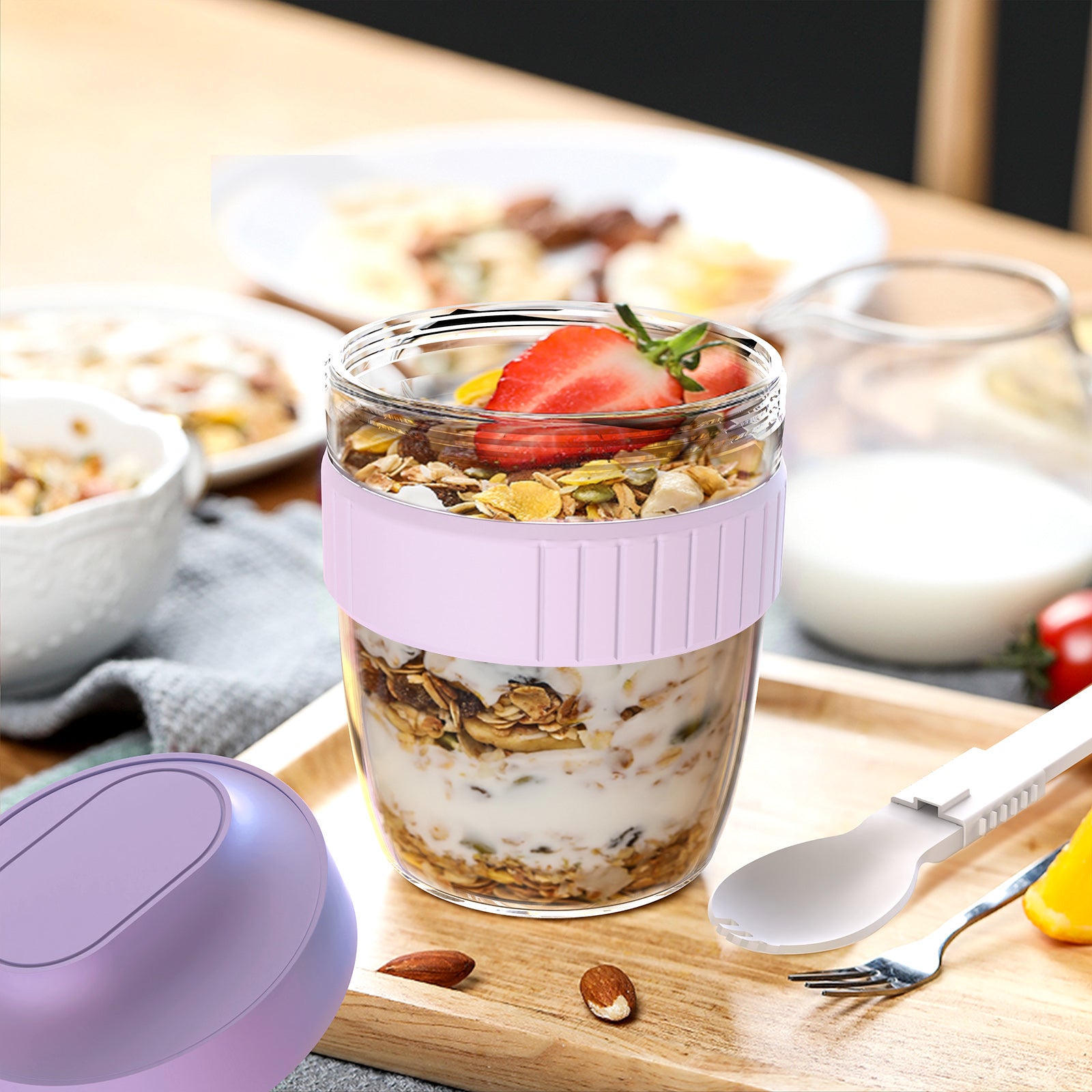 Linkidea Overnight Oats Containers with Lids, 19.2 oz Airtight Plastic Yogurt Cups with Spoons and Lids, Portable Overnight Oat Container for Milk, Cereal, Fruit, Yogurt, Fits Work/Picnic (Purple)