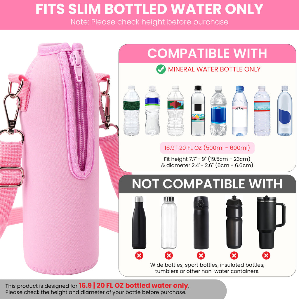 Linkidea Disposable Water Bottle Carrier with Strap Compatible with Smartwater 16.9/20Fl Oz, Insulated Neoprene Plastic Bottled Water Cover Holder with Clip for Backpack (Pink)
