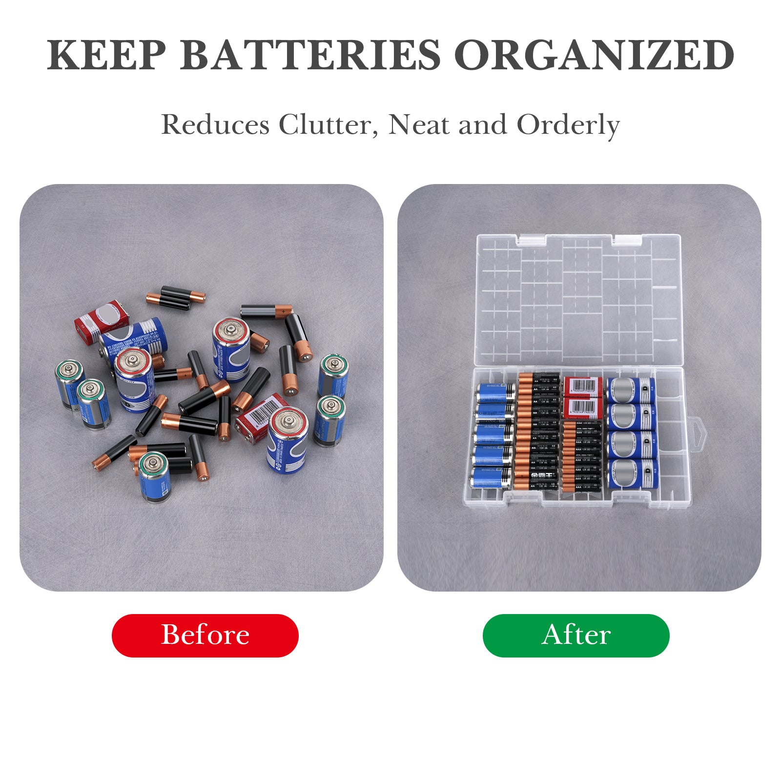 Linkidea Plastic Battery Organizer Case for AA/AAA/C/D/9V, Storage Box Holds 29 Batteries with Dividers, Portable for Home & Outdoor (Clear)