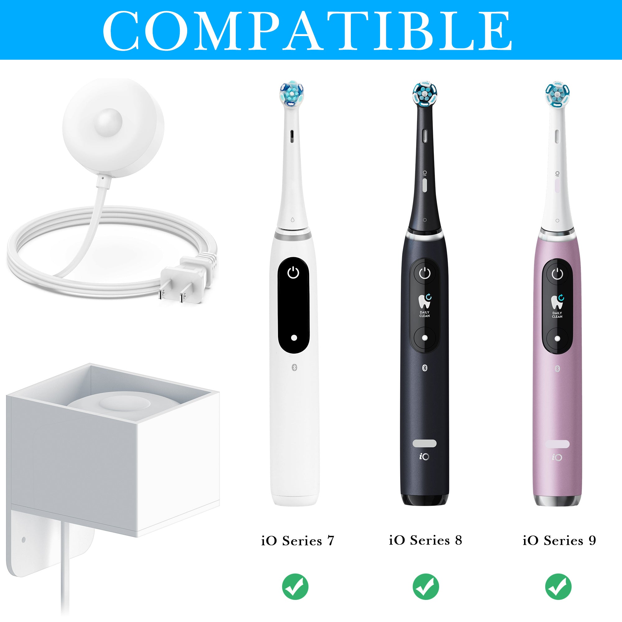 Linkidea Wall Mount Electric Toothbrush Charger Holder with Cable Organizer, Self-Adherent Powered Tooth Brush Stand Compatible with Oral-B iO Series 7/8/9 Round Charger Only