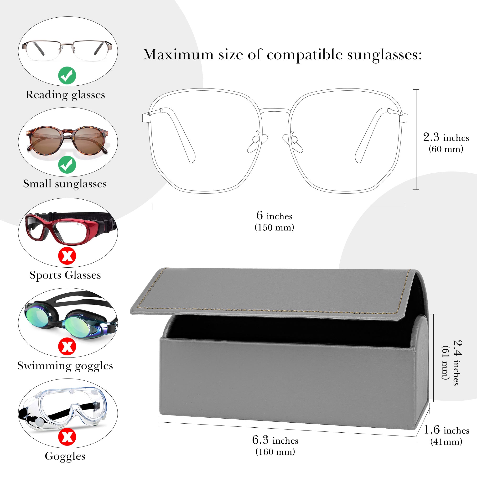Linkidea Oversized Sunglasses Case, Large Frame Glasses Case for Sunglasses, Eyeglasses Travel Bag Compatible with Persol Rectangle/Aviator Ray-Ban Caravan Reverse Square (Grey)