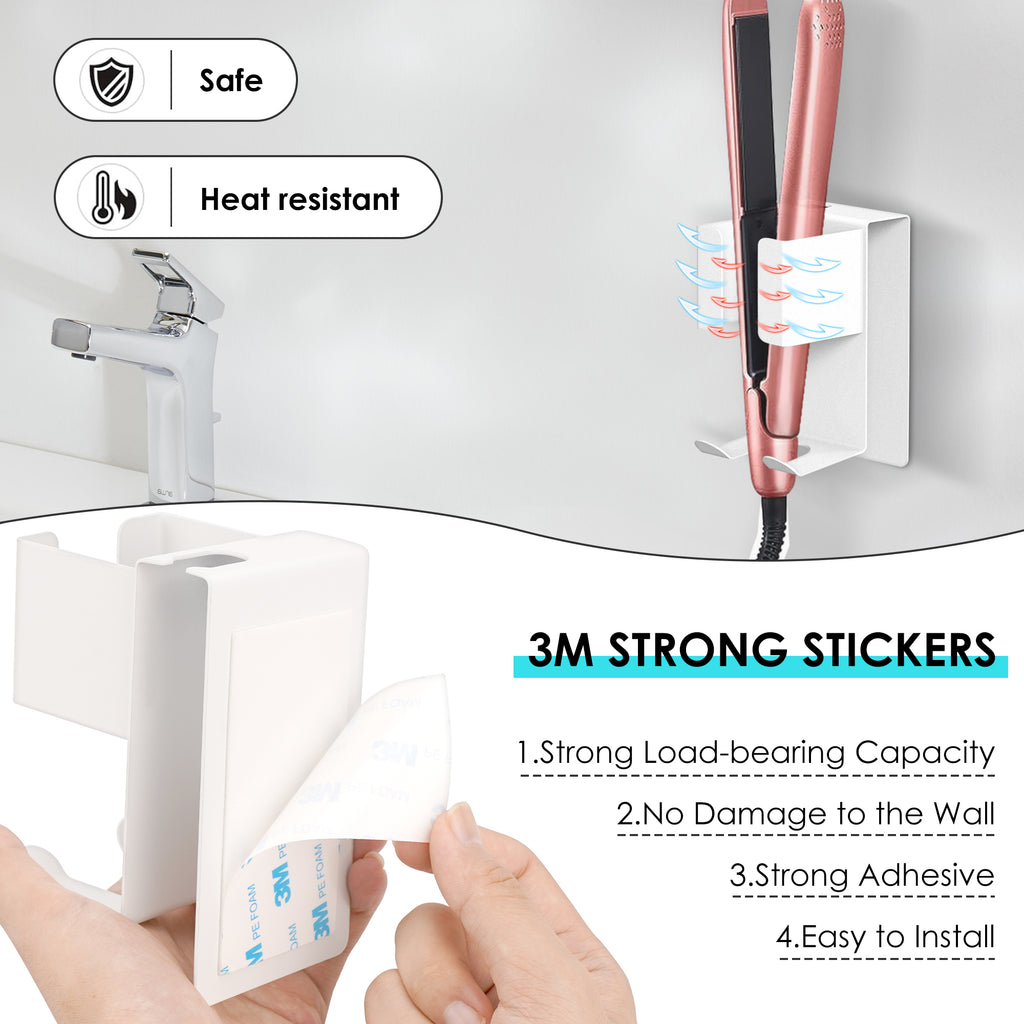 Linkidea Wall Mount Curling Iron Holder, Stainless Steel Hair Straightener Storage, Adhesive Hair Dryer Rack, Bathroom Organizer for Flat Iron, Curling Wand (White)