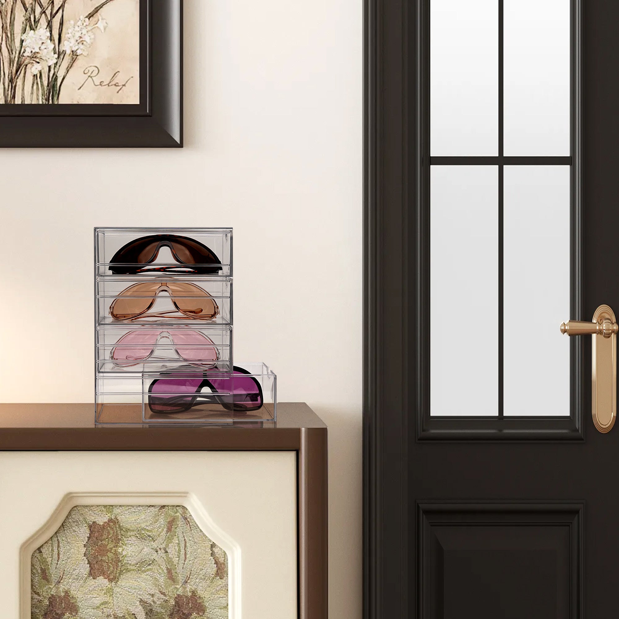 Acrylic Sunglasses Organizer for Extra Large Sunglasses, Sunspecs Holder Display Stand with 4 Drawers, Eyewear Organizer Storage Compatible with Rayban RB4098 RB4191 Persol PO3328S PO3311S