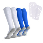 Linkidea Kids Soccer Socks with Shin Guards, 2 Pairs Breathable Knee High Socks with Lightweight Shin Pads, Long Sleeve Cushion Socks for Child 7-9 Years Over Calf Soccer Socks (White&Blue, M)