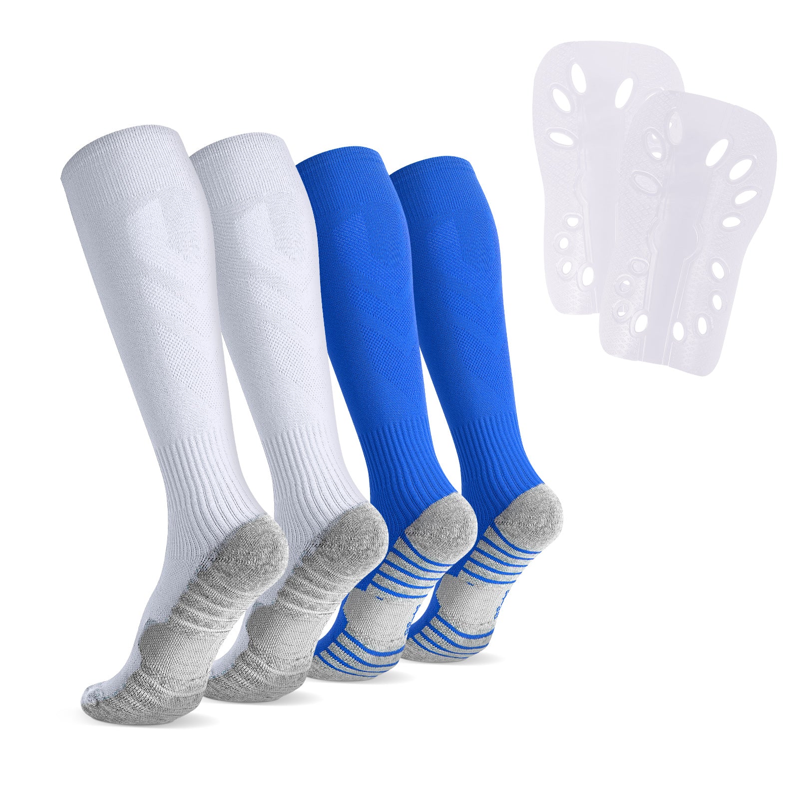 Linkidea Kids Soccer Socks with Shin Guards, 2 Pairs Breathable Knee High Socks with Lightweight Shin Pads, Long Sleeve Cushion Socks for Child 7-9 Years Over Calf Soccer Socks (White&Blue, M)