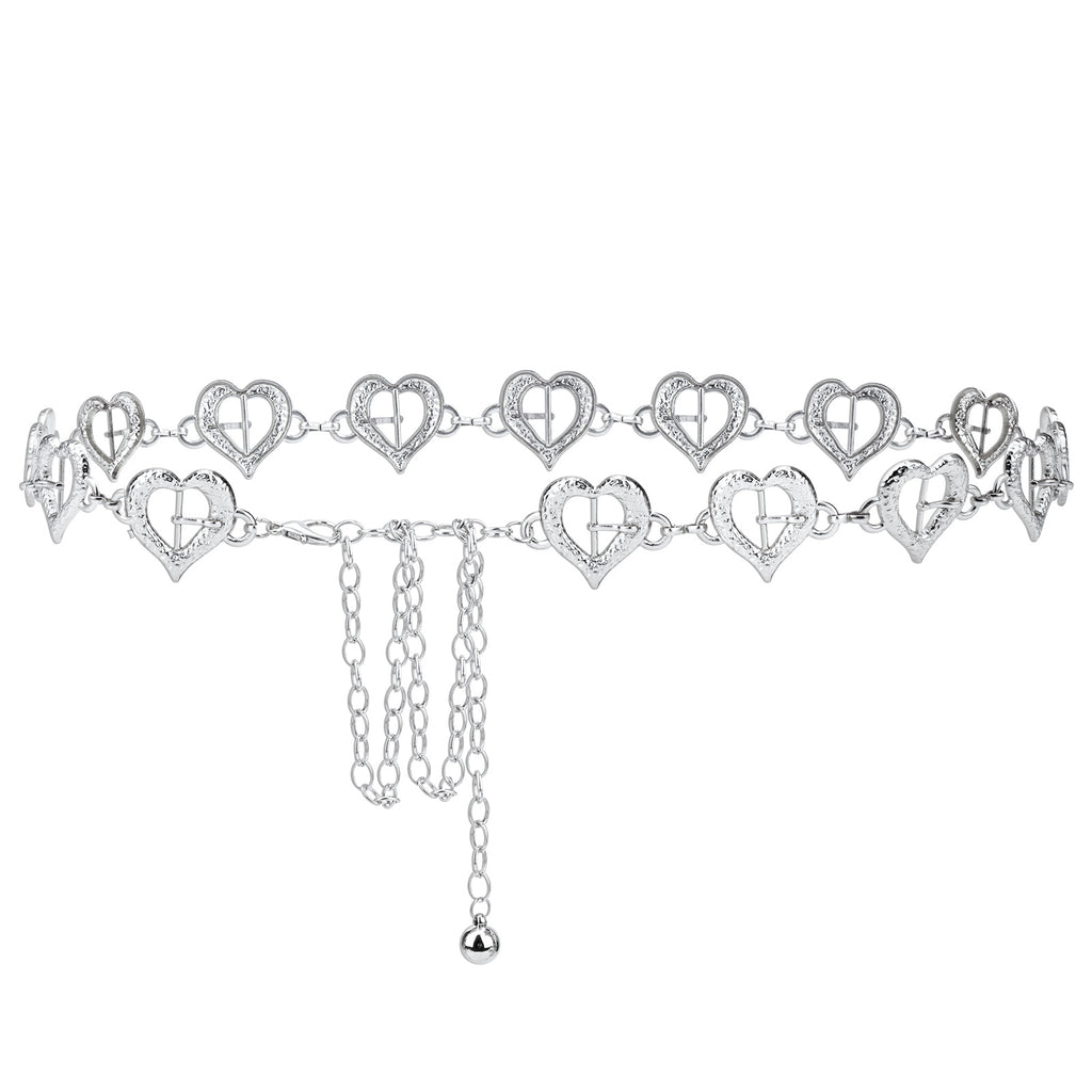 Plus Size Chain Belt for Women, Silver Metal Chain Belt Women Belly Waist Chains, Extra Long Body Chain, 47 Inch Adjustable Chunky Belt Chain (Love Buckle Style)