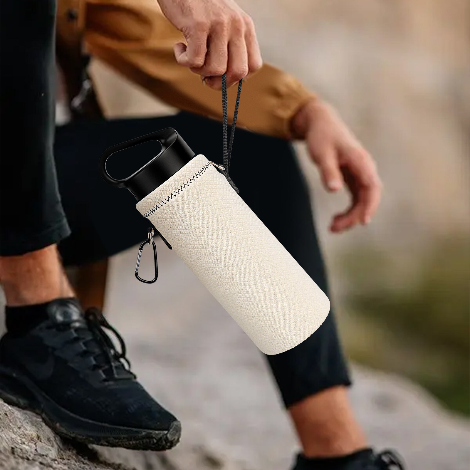 Linkidea Water Bottle Carrier with Shoulder Strap Compatible with Hydroflask Standard Mouth 18oz, CamelBak Carry Cap 20oz,Waterbottle Sling Bag Holder (Off White)