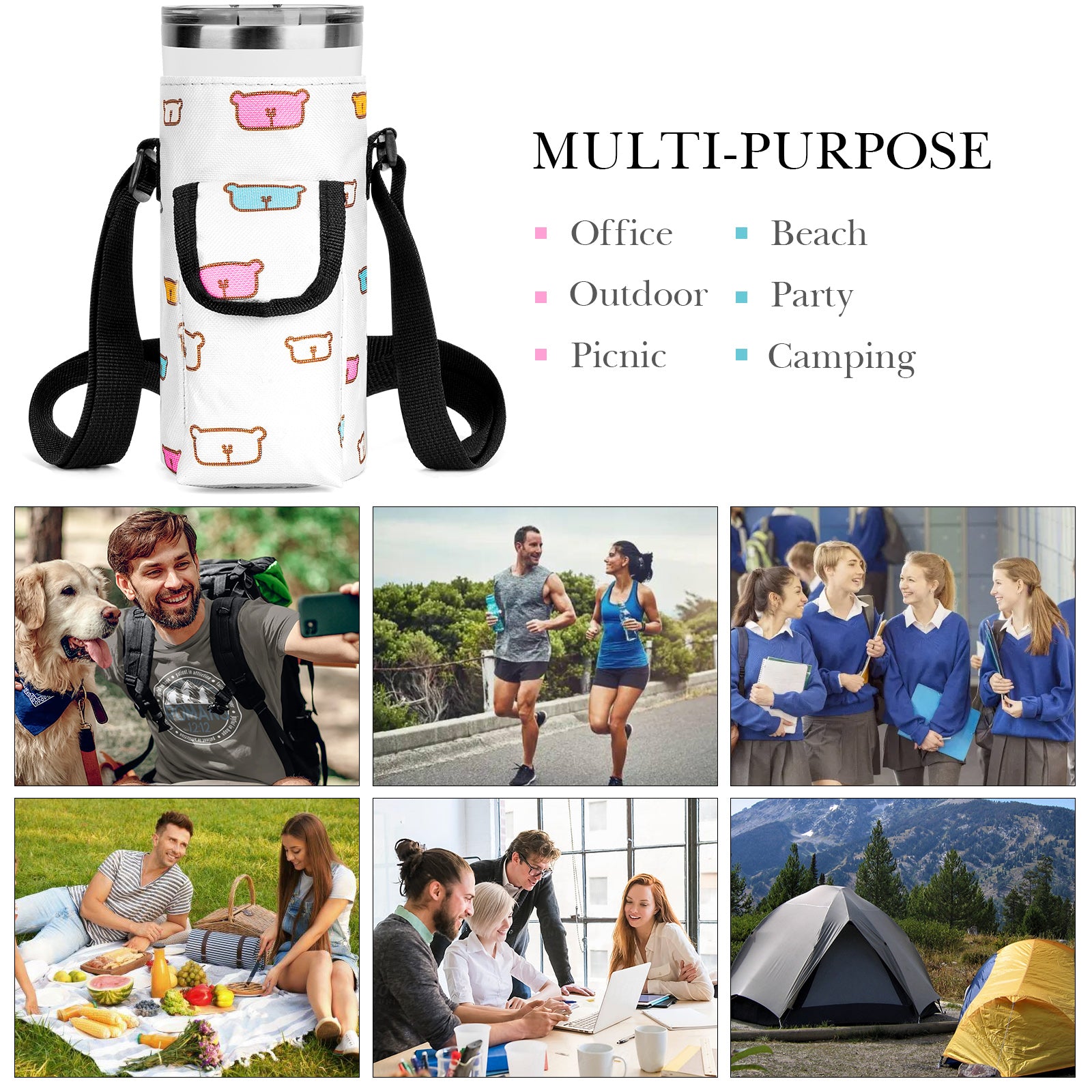 Linkidea Tumbler Carrier with Strap Compatible with YETI Rambler Tumbler 20oz, IRON °FLASK Classic Tumbler 2.0 20/24oz, Coffee Mug Sling Bag Holder, Shoulder Strap with Pocket, Cartoon Bear