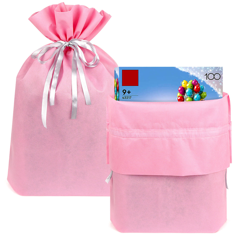 Linkidea 4 Pack Reusable Drawstring Gift Bags, Fabric Party Favor Bags for Birthday, Christmas & Holiday, Toy Storage Pouch for Building Blocks, Bricks & Goodie Bags (Pink)