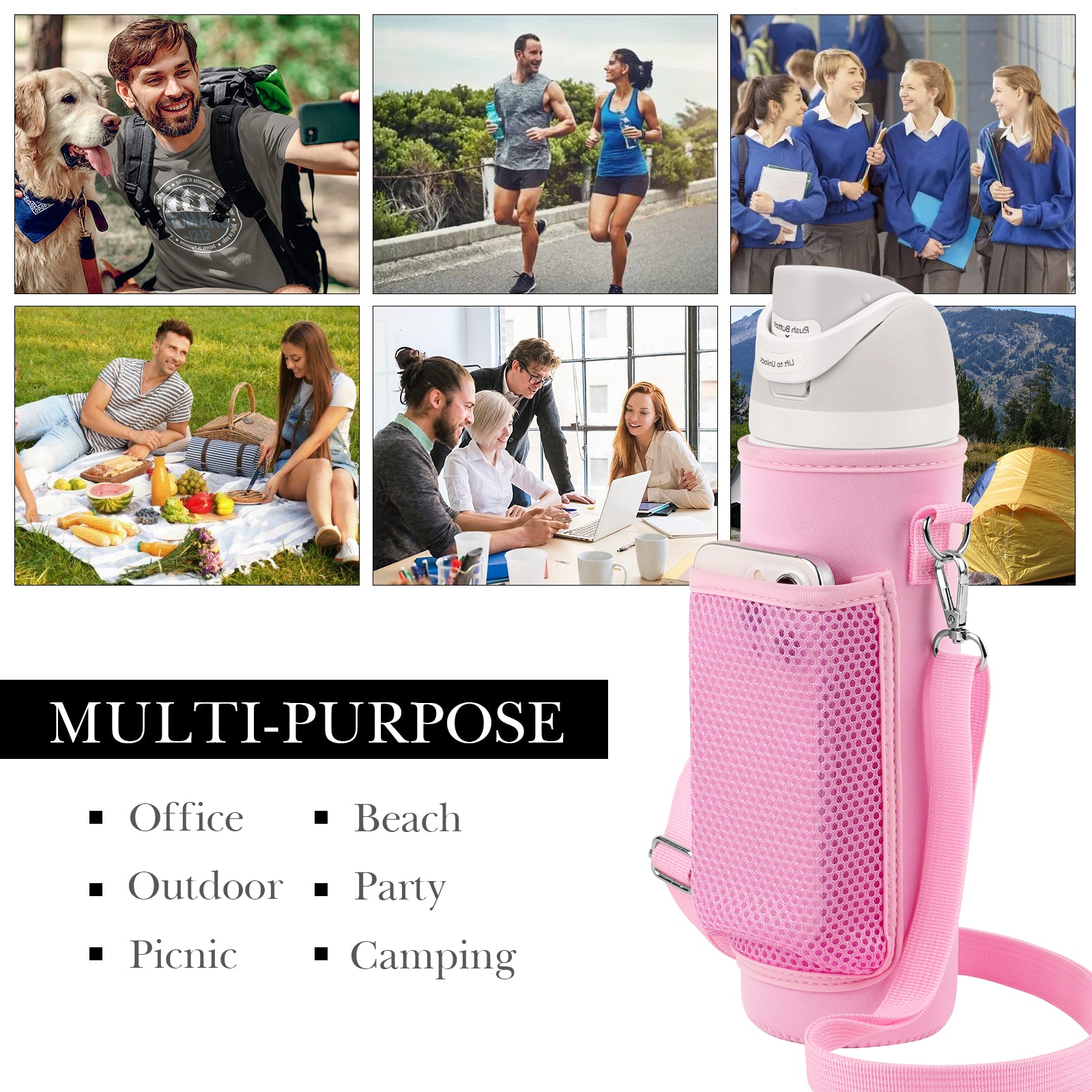 Linkidea Water Bottle Carrier with Shoulder Strap Compatible with Owala FreeSip Bottle 24oz, Waterbottle Sling Bag Holder with Mesh Phone Pocket, Pink