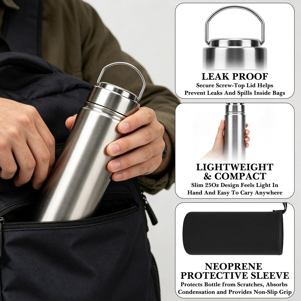 Linkidea 25oz Single Wall 304 Stainless Steel Water Bottle with Carry Pouch, Non-Insulated Wide Mouth Sports Bottle with Handle, Dishwasher Safe