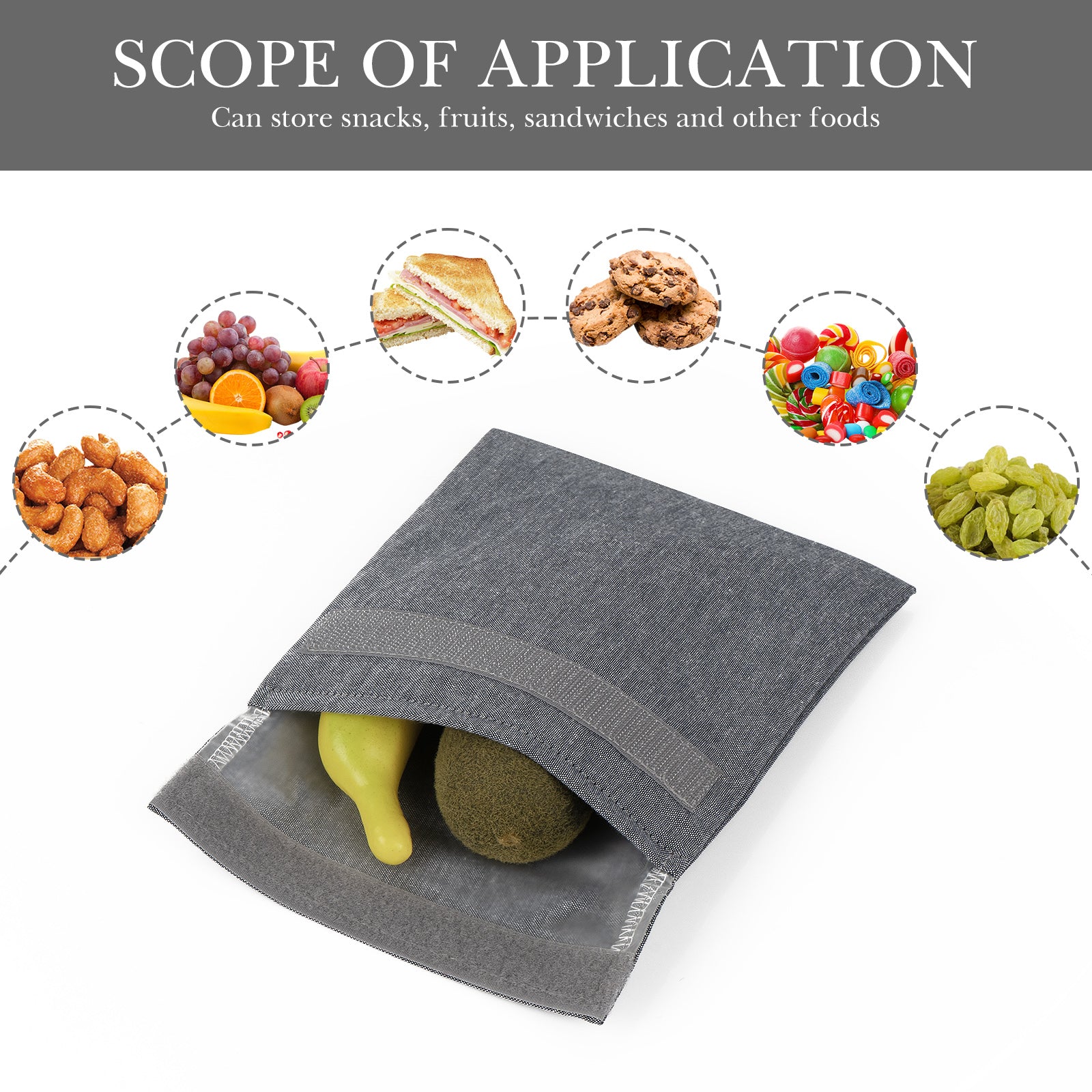 Linkidea 2 Pcs Reusable Snack Bag, Recycled Hook and Loop Packs Pouch for Adult, Leak-Proof Pack It Snack Bag Fits Snacks, Sandwich (Grey)