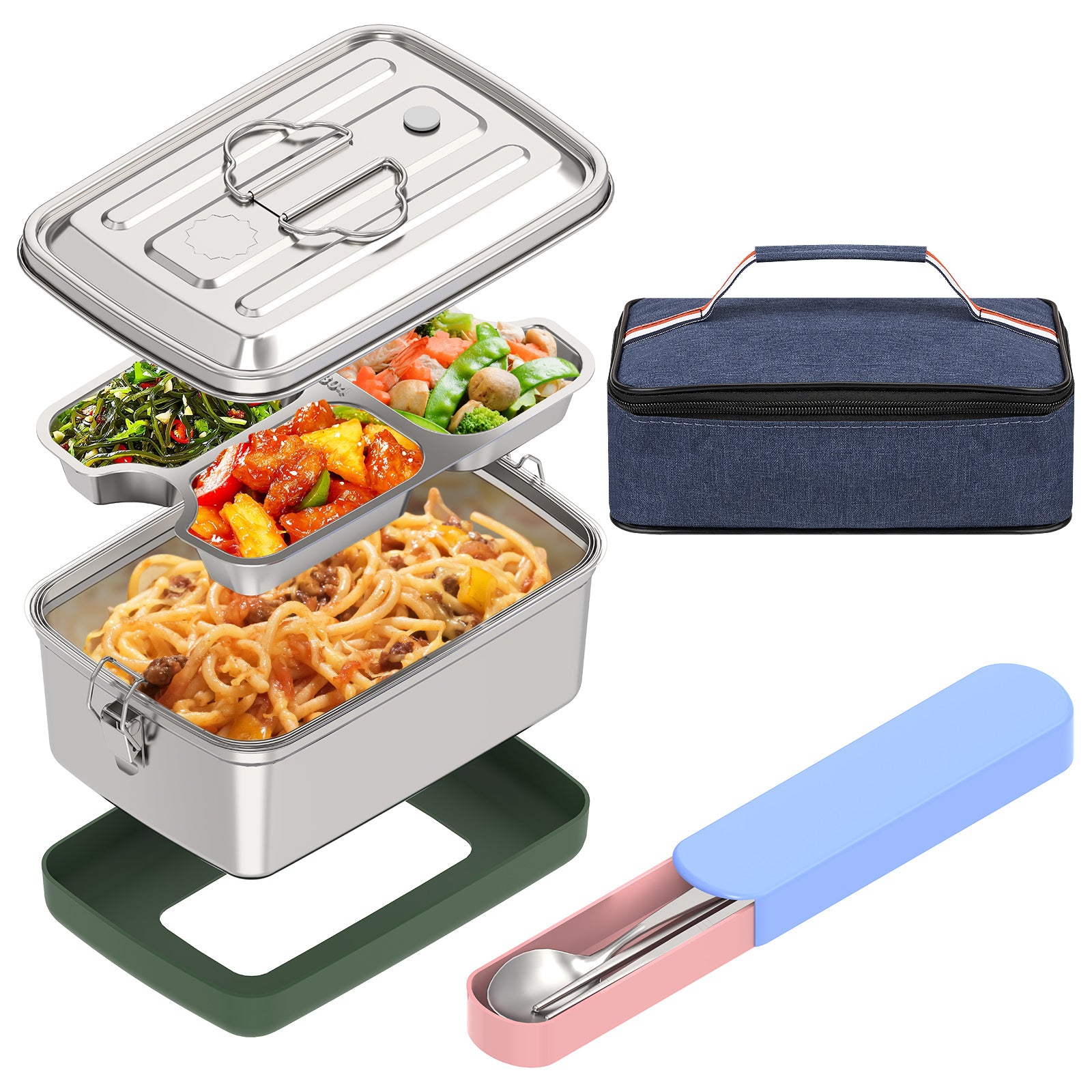 Linkidea Leak Proof Stainless Steel Lunch Box with Utensils, Large Capacity Lunch Box Containers with Insulation Bag, Food Containers with Lids for Lunch (Silver)