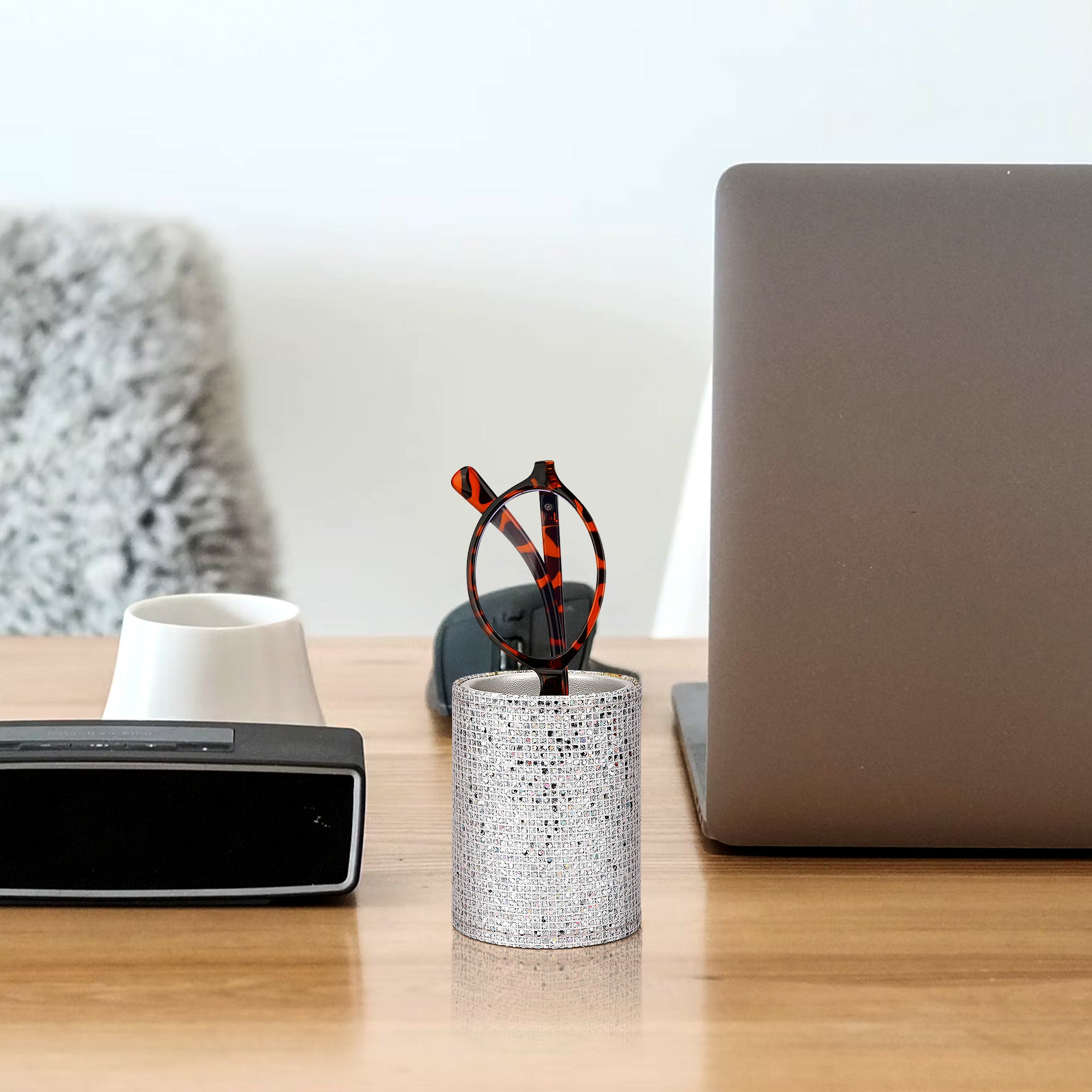 Reading Glasses Desk Holder Stand, Vegan Leather Lined Eyewear Display Storage for Nightstand Office Organizer (Small, Silver)