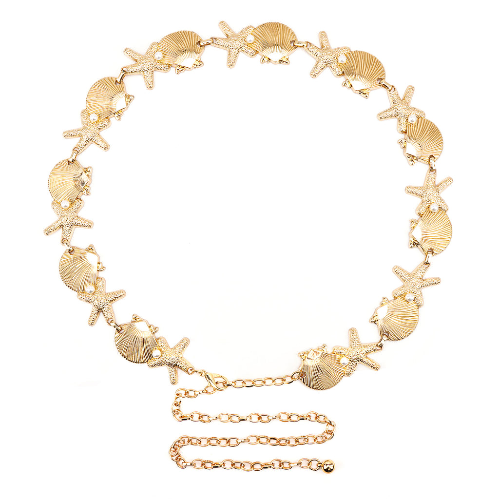 Chain Belt for Women, Metal Gold Shell Starfish with Faux Small Pearls Waist Belt, Max 47 Inch Adjustable Chunky Body Chain for Dresses, Party, Casual Wear, Fashion Jewelry Accessory