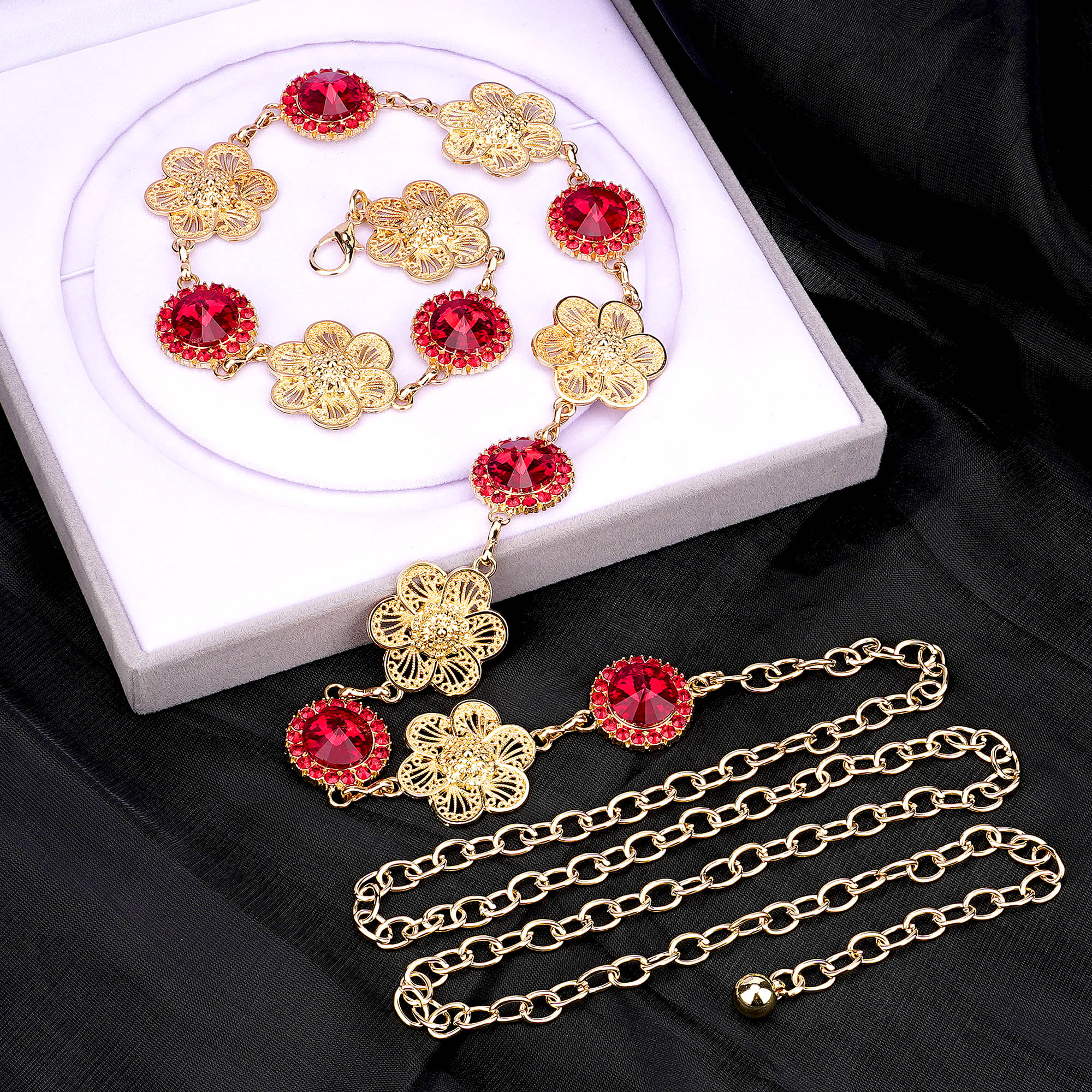 Plus Size Chain Belt for Women, Gold and Red Waist Belt, 59 Inch Extra Large Adjustable Chunky Fashion Body Chain for Dresses, Party, Casual Wear, Jewelry Accessory