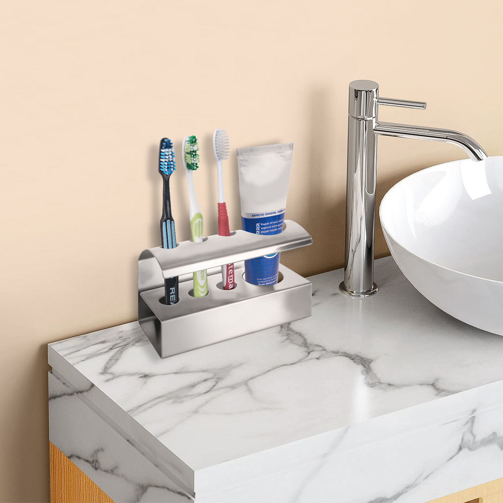 Linkidea Countertop Toothbrush Holder for Shower, Stainless Steel Stand for Manual Toothbrush, Toothpaste, 4 Slot Organizer Compatible with Colgate ExtraClean, Oral-B CrossAction