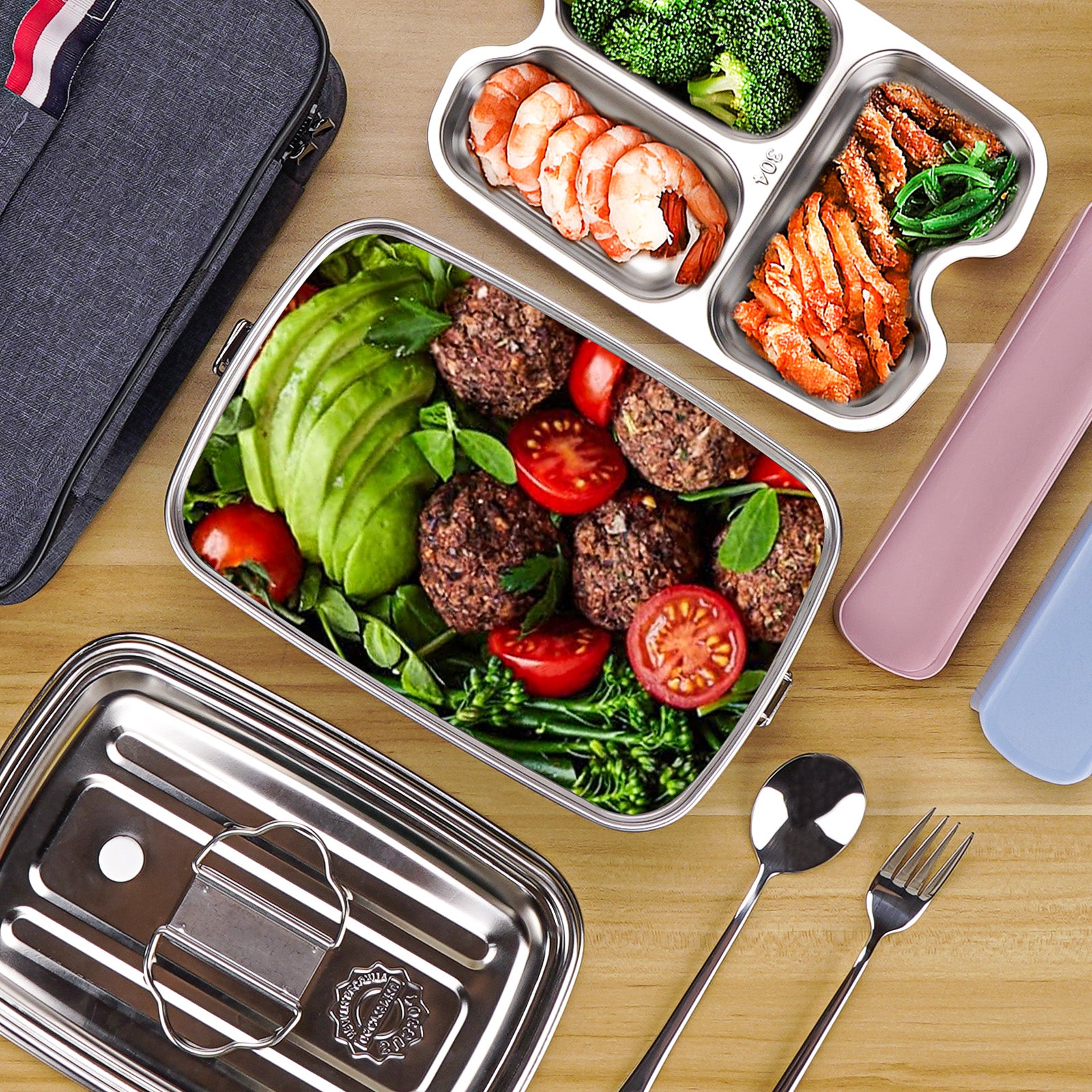 Linkidea Leak Proof Stainless Steel Lunch Box with Utensils, Large Capacity Lunch Box Containers with Insulation Bag, Food Containers with Lids for Lunch (Silver)