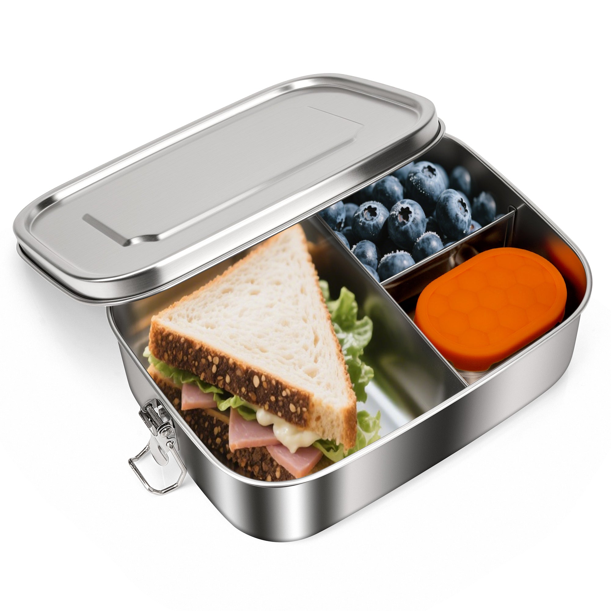 Linkidea 304 Stainless Steel Lunch Box with Sauce Container, Large Capacity 3 Compartments Lunch Storage Box, Leak Proof Food Containers with Lids for Lunch (Silver)