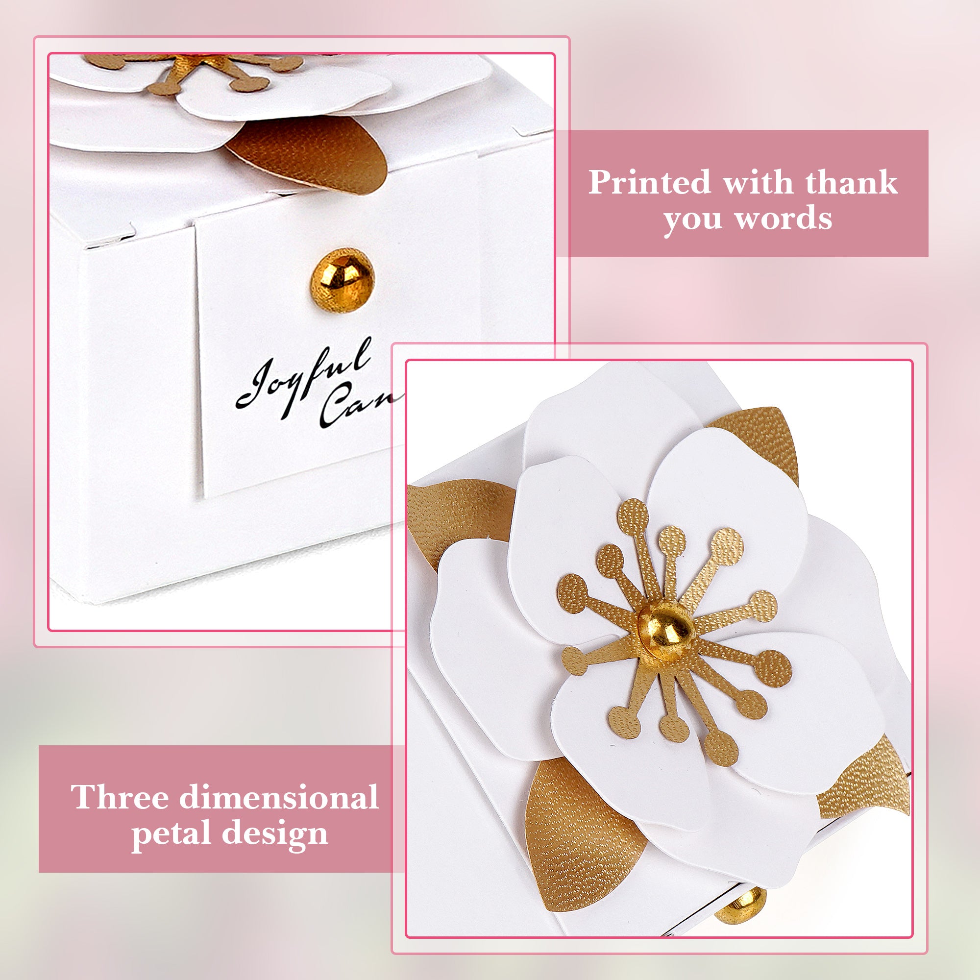 Linkidea 20 Pcs White Floral Folding Candy Gift Boxes 2.55" x 2.55" x 1.77" for Wedding Favors, Elegant Party Thank You Boxes with Tags
