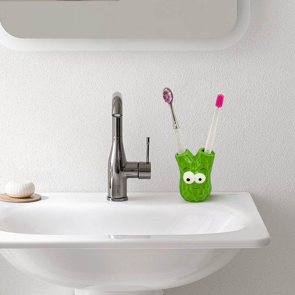 Linkidea Countertop Toothbrush Holder for Bathroom, Ceramic Cute Decor Stand for Manual Toothbrush, Vanity 2 Slots Organizer Compatible with Oral-B CrossAction, Colgate Slimsoft (Green)