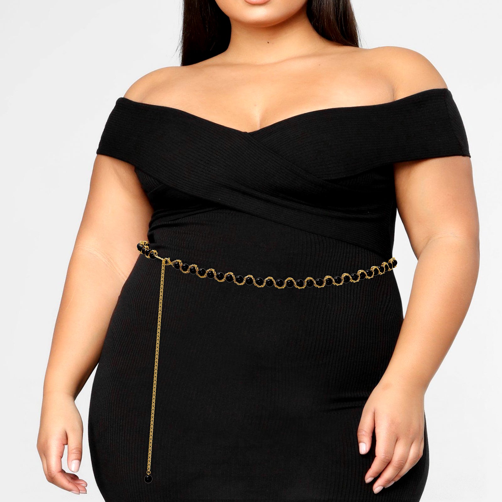Plus Size Chain Belt for Women, Gold Color and Black Faux Pearl Waist Chains, Extra Long Body Chain, 59-78 Inch Adjustable Chunky Belt Chain (XXXL, Black)